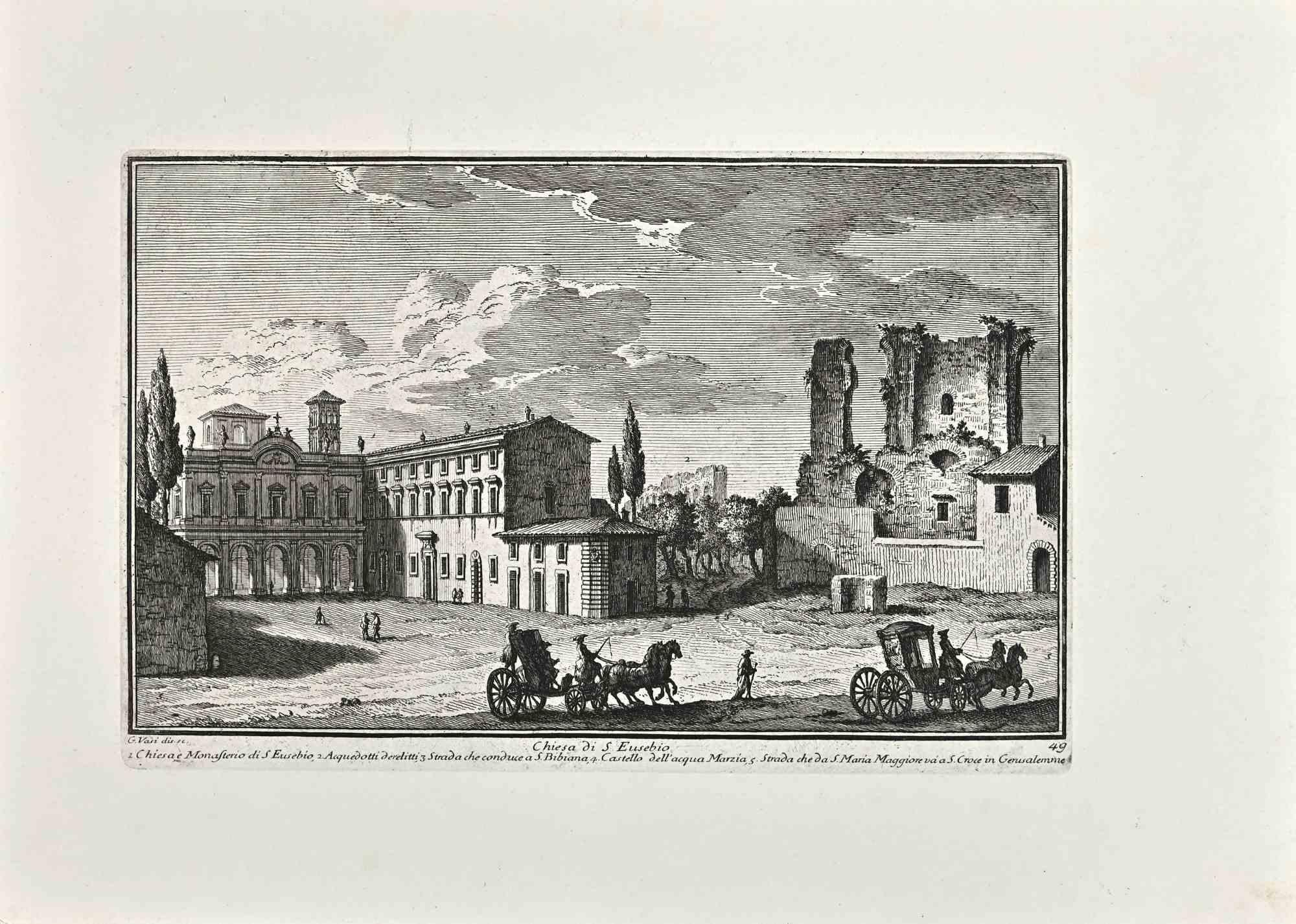 Chiesa di S.Eusebio is an original etching of the Late 18th century realized by Giuseppe Vasi.

Signed and titled on plate lower margin. 

Good conditions.

Giuseppe Vasi  (Corleone,1710 - Rome, 1782) was an engraver, architect, and landscape