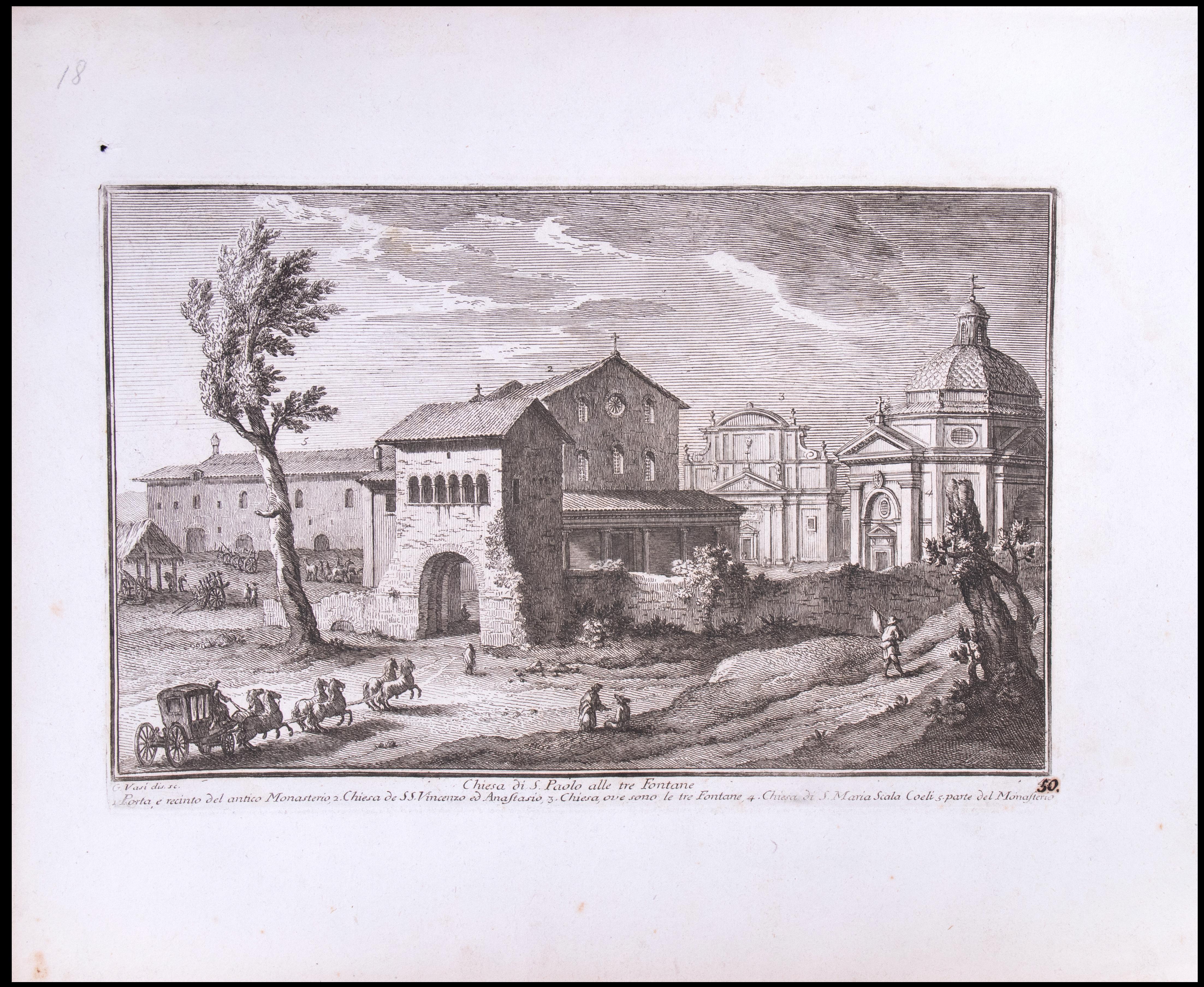 Giuseppe Vasi Landscape Print – Chiesa di S.Paolo alle tre Fontane – Radierung von G. Vasi – 18. Jahrhundert