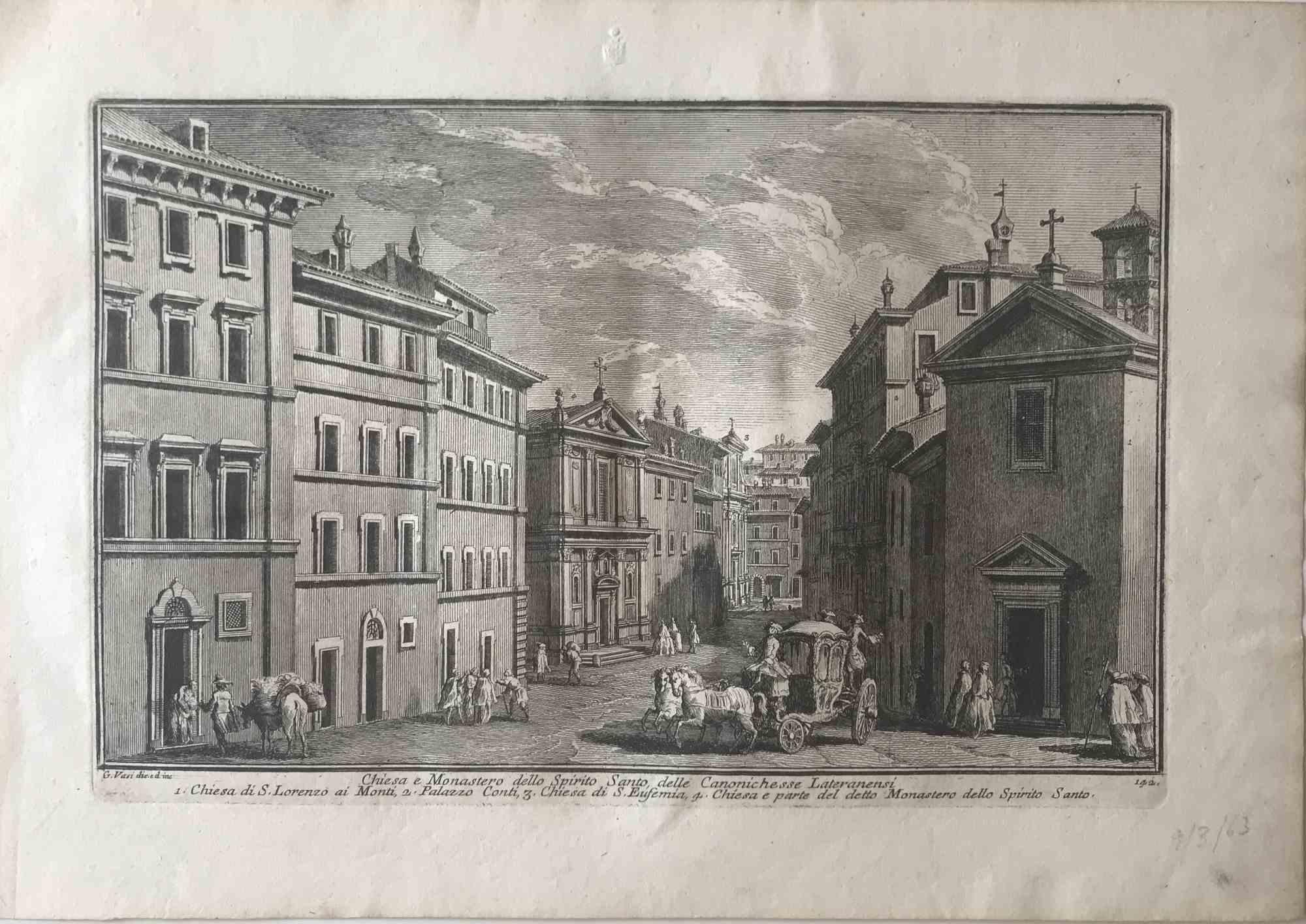 Giuseppe Vasi Figurative Print - Chiesa e Monastero dello Spirito Santo delle Canonichesse - Etching by G. Vasi