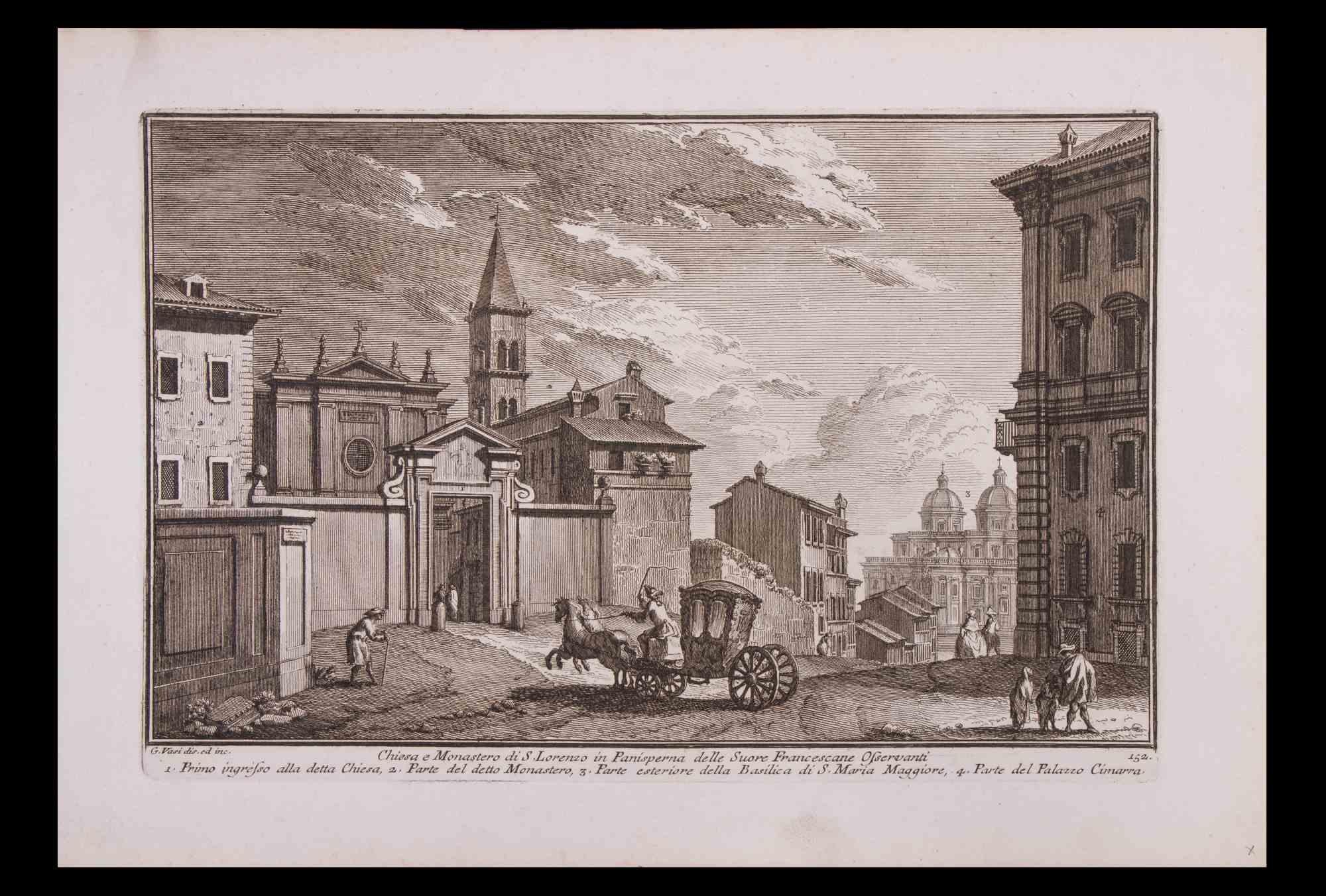 Chiesa e Monastero di S. Lorenzo is an original black and white etching of the Late 18th century realized by Giuseppe Vasi.

The beautiful etching represents a glimpse of Rome.

Signed and titled on plate lower margin. Titled on the lower.

Good