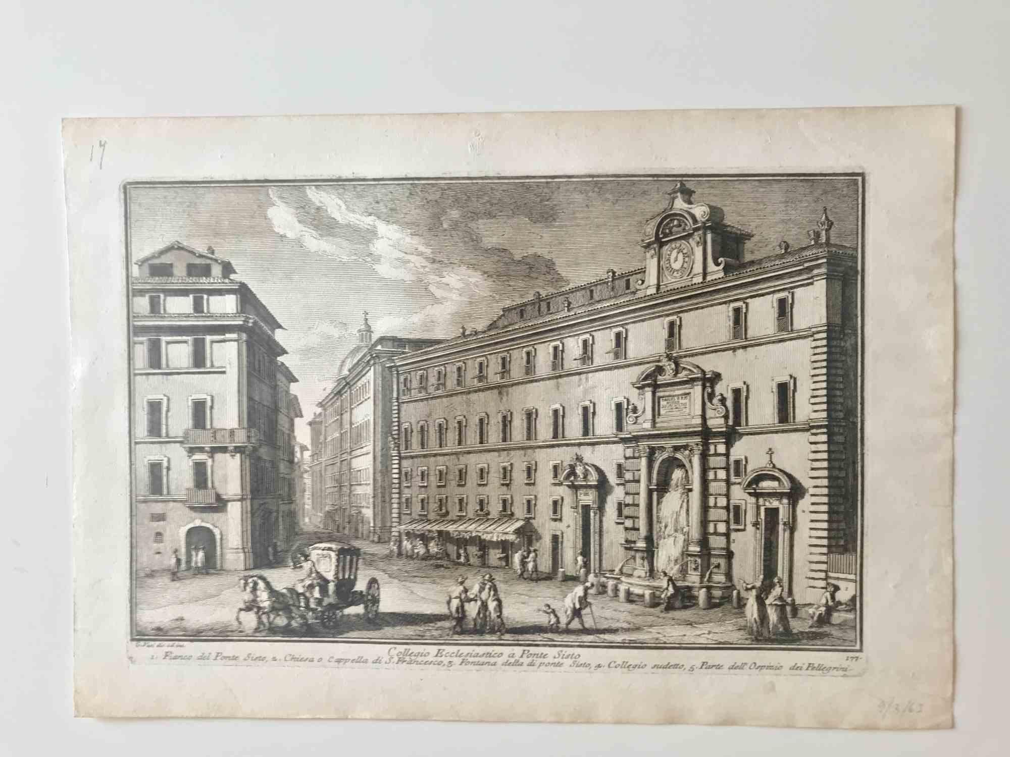 Figurative Print Giuseppe Vasi - Colleggio Ecclesiastico a Ponte Sisto - eau-forte de G. Vasi - fin du 18ème siècle