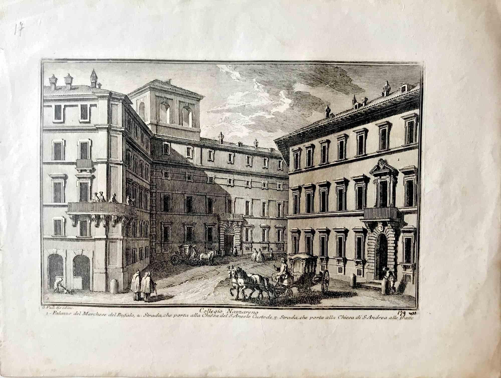 Giuseppe Vasi Figurative Print – Colleggio Nazzareno – Radierung von G. Vasi – Ende des 18. Jahrhunderts