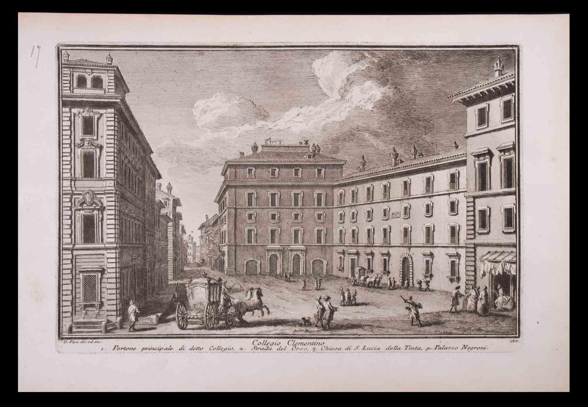Collegio Clementino ist eine Original-Schwarz-Weiß-Radierung aus dem späten 18. Jahrhundert von Giuseppe Vasi.

Die schöne Radierung zeigt einen Blick auf Rom.

Signiert und betitelt am unteren Rand der Platte. Auf der unteren Seite betitelt.

Gute