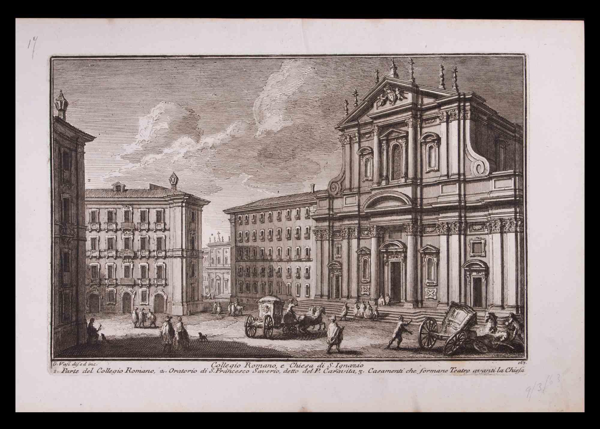 Collegio Romano is an original black and white etching of the Late 18th century realized by Giuseppe Vasi.

The beautiful etching represents a glimpse of Rome.

Signed and titled on plate lower margin. Titled on the lower.

Good conditions and aged