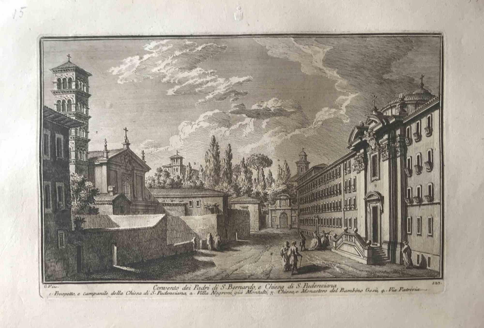Giuseppe Vasi Landscape Print – Convento dei Padri di S.Bernardo, e Chiesa di S.Pudenziana von G. Vasi