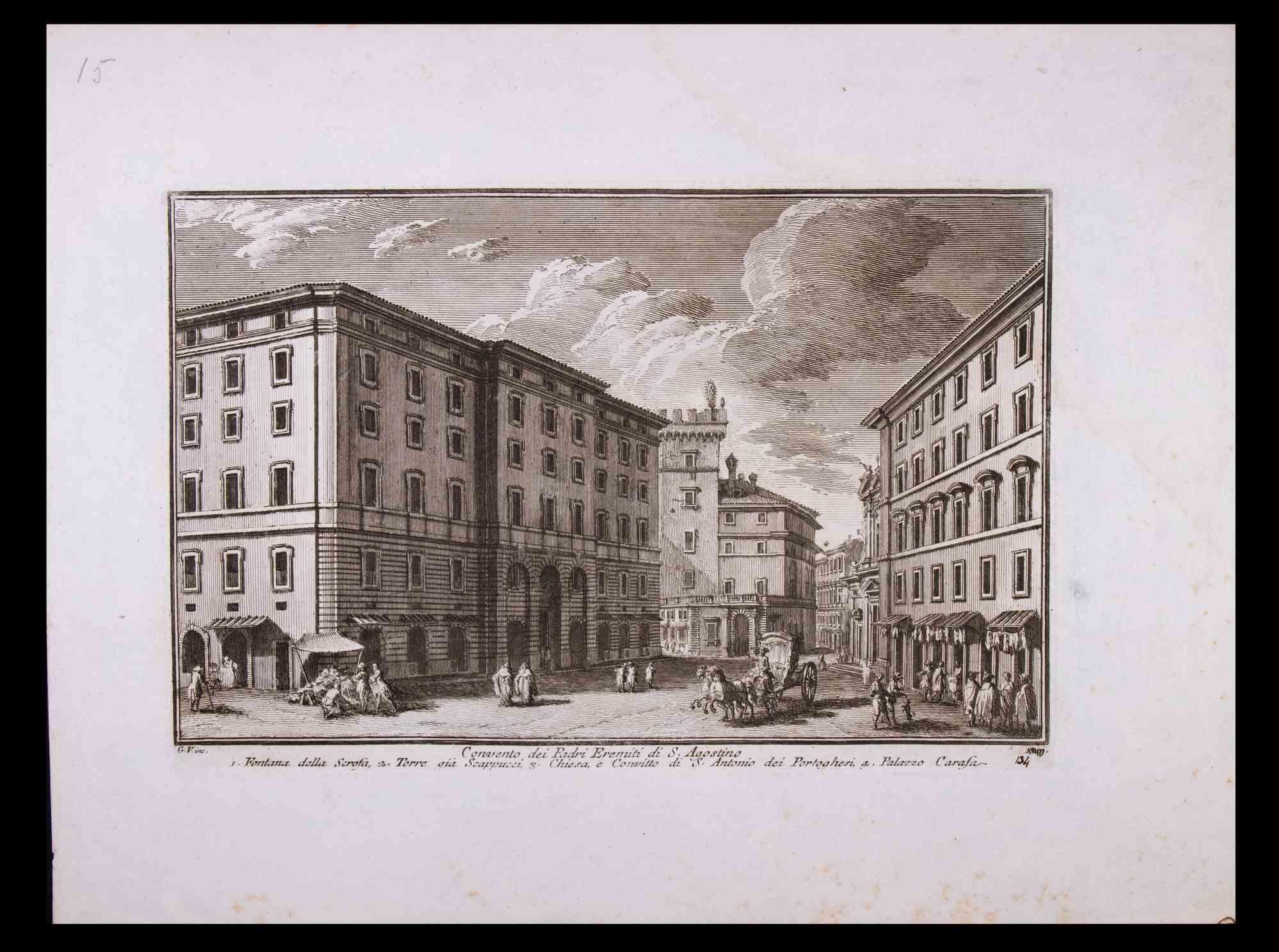 Convento dei Padri Eremiti di S. Agostino is an original black and white etching of the Late 18th century realized by  Giuseppe Vasi.

The beautiful etching represents a glimpse of Rome.

Signed and titled on plate lower margin. Titled on the