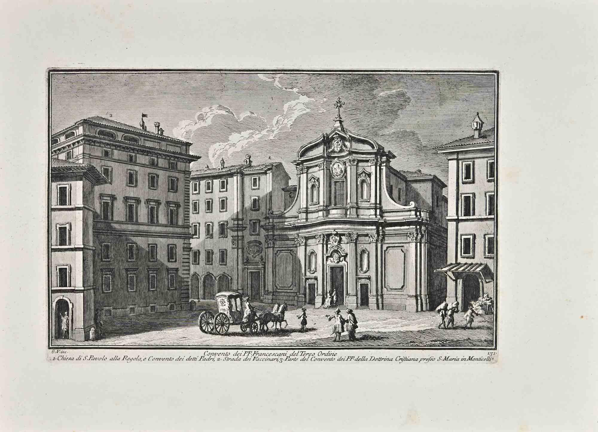 Convento di PP. Francescani del Terzo Ordine is an original etching of the Late 18th century realized by Giuseppe Vasi.

Signed and titled on plate lower margin. 

Good conditions.

Giuseppe Vasi  (Corleone,1710 - Rome, 1782) was an engraver,