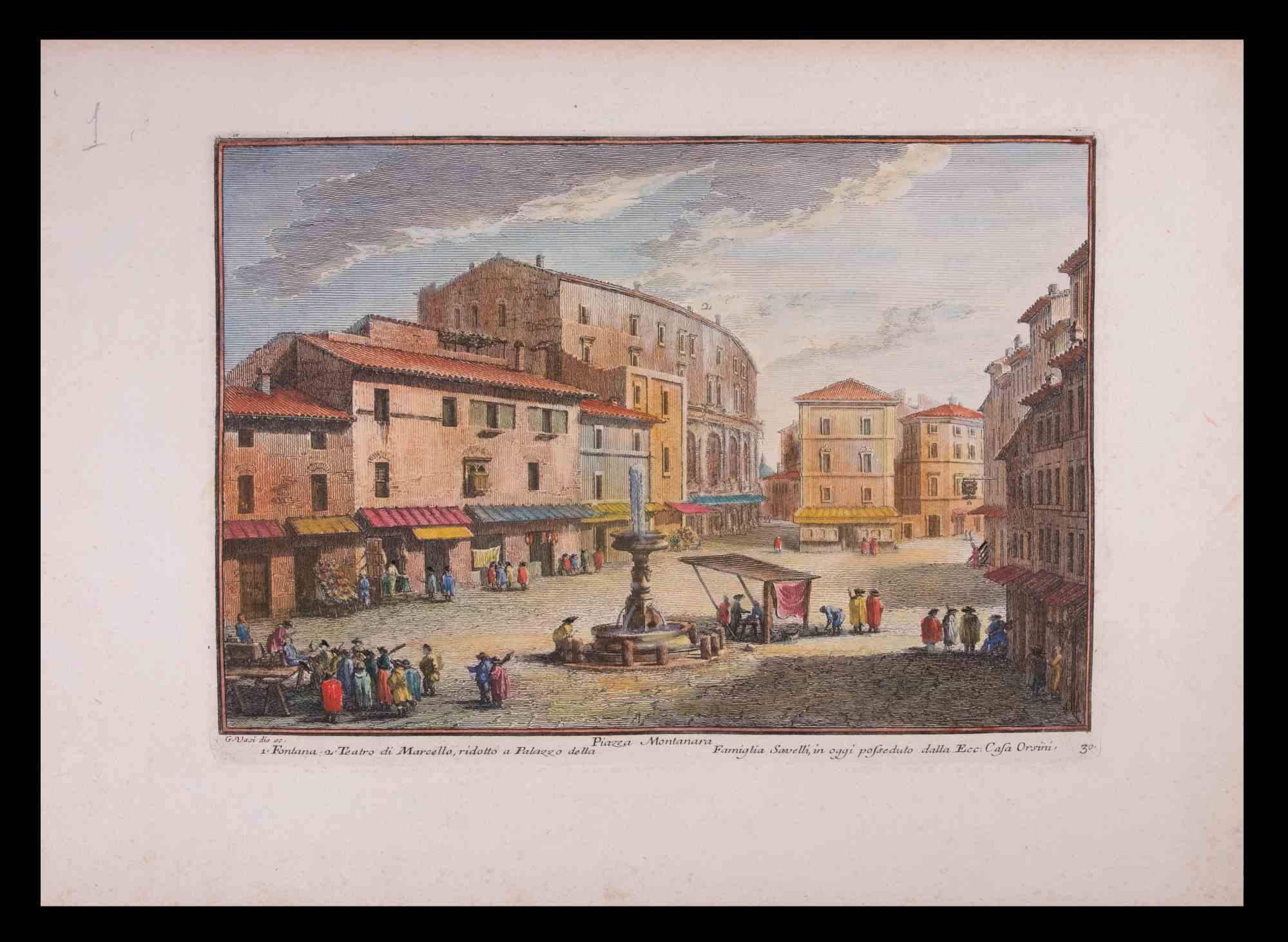 Fontana e Teatro di Marcello ist eine Original-Radierung von Hand aquarelliert aus dem späten 18. Jahrhundert, realisiert von Giuseppe Vasi.

Signiert und betitelt am unteren Rand der Platte. 

Guter Zustand und gealterte Ränder mit einigen