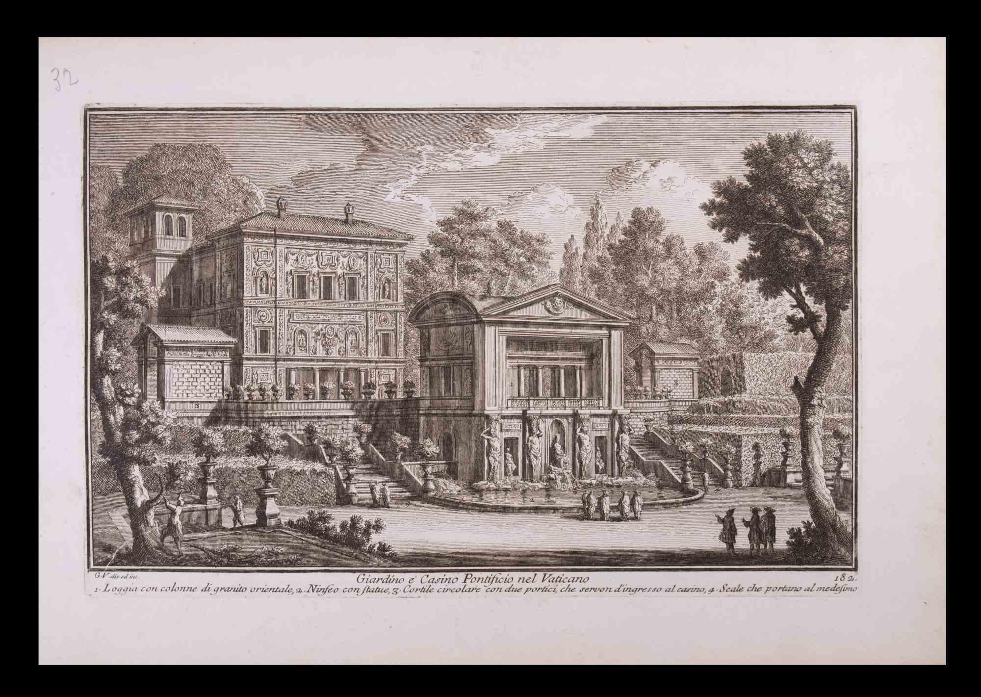 Giardino e Casino Pontificio ist eine originale Schwarz-Weiß-Radierung aus dem späten 18. Jahrhundert, die von  Giuseppe Vasi.

Die schöne Radierung zeigt einen Blick auf Rom.

Signiert und betitelt am unteren Rand der Platte. Auf der unteren Seite