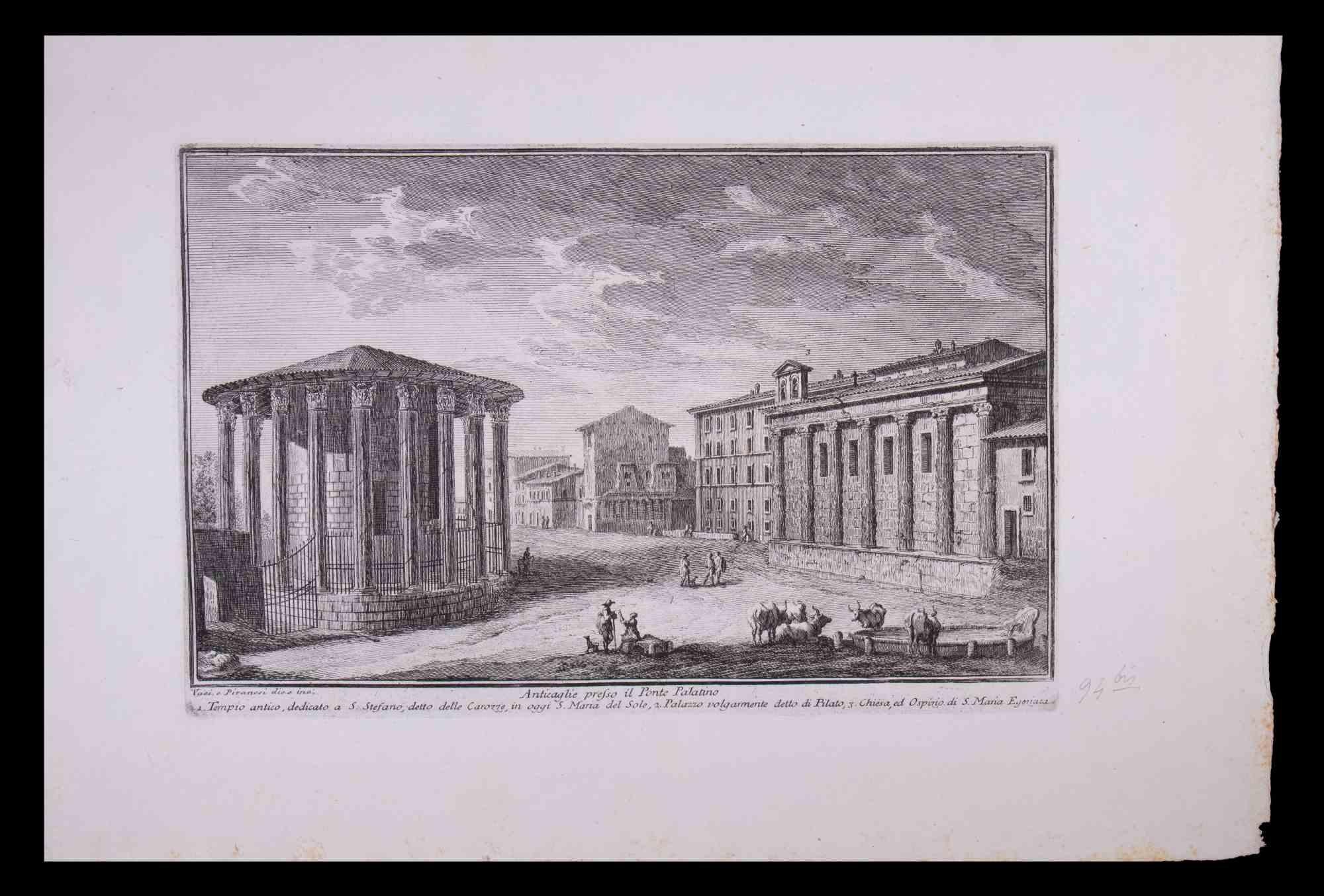 Il Ponte Palatino is an original black and white etching of the Late 18th century realized by Giuseppe Vasi.

Signed and titled on plate lower margin. 

Good conditions and aged margins.

Giuseppe Vasi  (Corleone,1710 - Rome, 1782) was an engraver,
