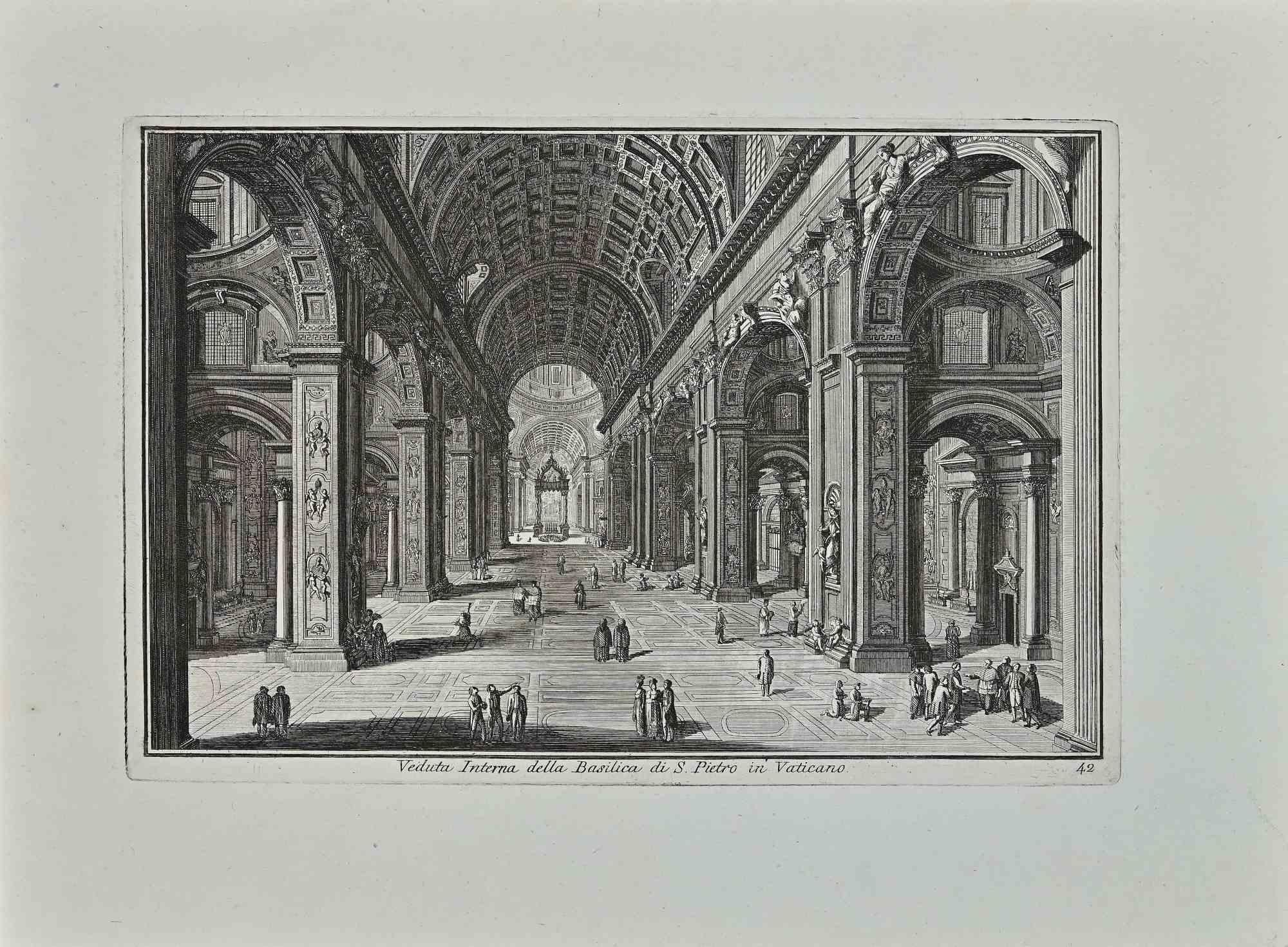 Interior of S.Pietro in Vaticano is an original etching of the Late 18th century realized by Giuseppe Vasi.

Signed and titled on plate lower margin. 

Good conditions.

Giuseppe Vasi  (Corleone,1710 - Rome, 1782) was an engraver, architect, and