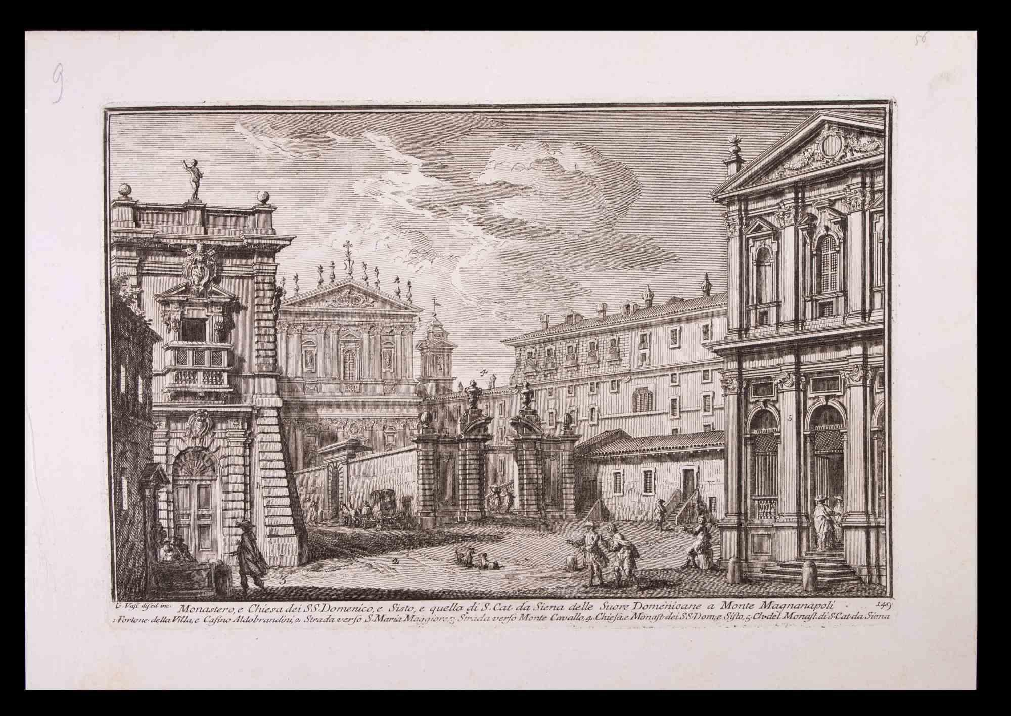 Giuseppe Vasi Landscape Print - Monastero e Chiesa dei SS. Domenico - Etching by G. Vasi - Late 18th Century