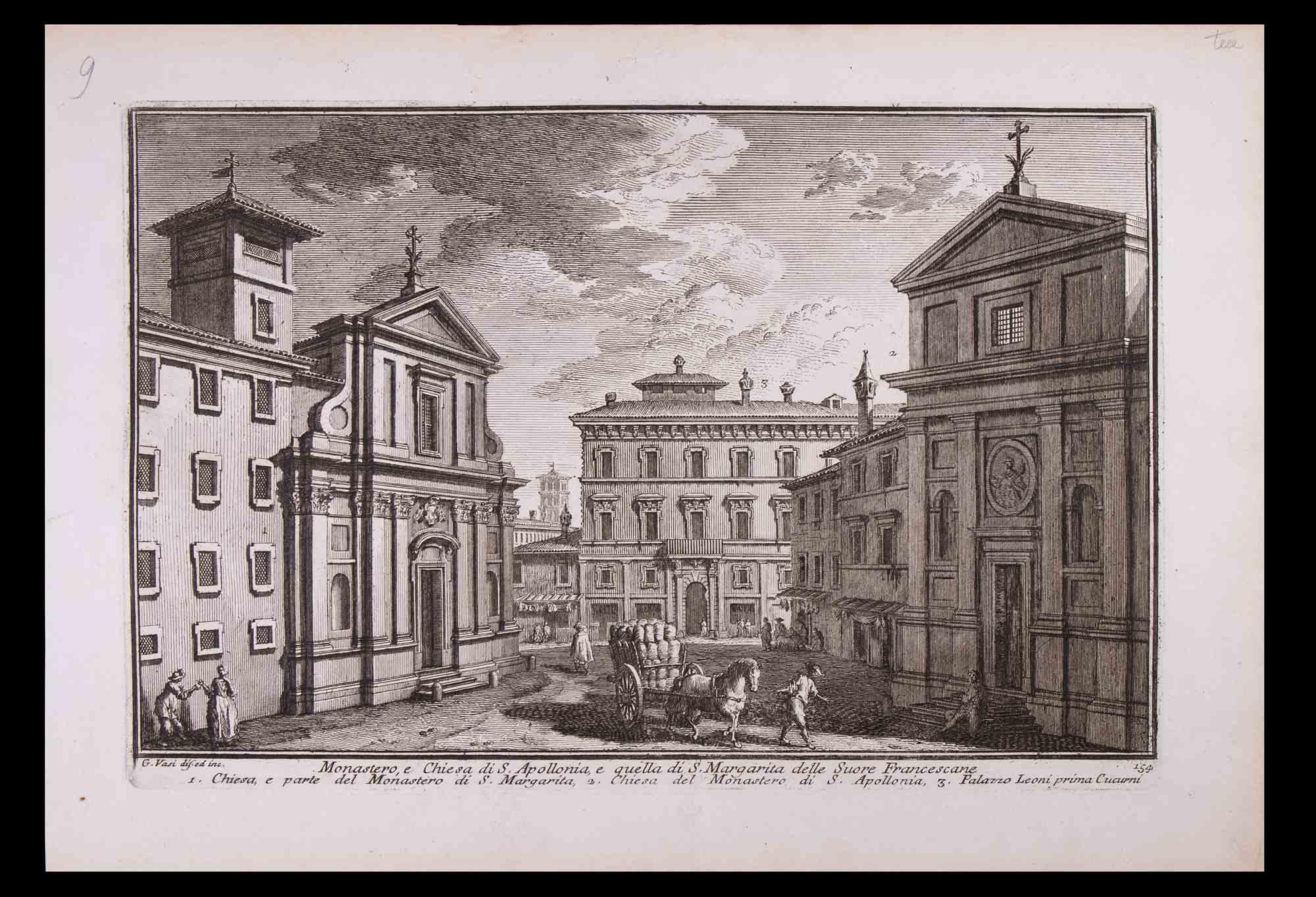 Monastero e Chiesa di S. Apollonia ist eine Original-Schwarz-Weiß-Radierung aus dem späten 18. Jahrhundert von Giuseppe Vasi.

Die schöne Radierung zeigt einen Blick auf Rom.

Signiert und betitelt am unteren Rand der Platte. Auf der unteren Seite