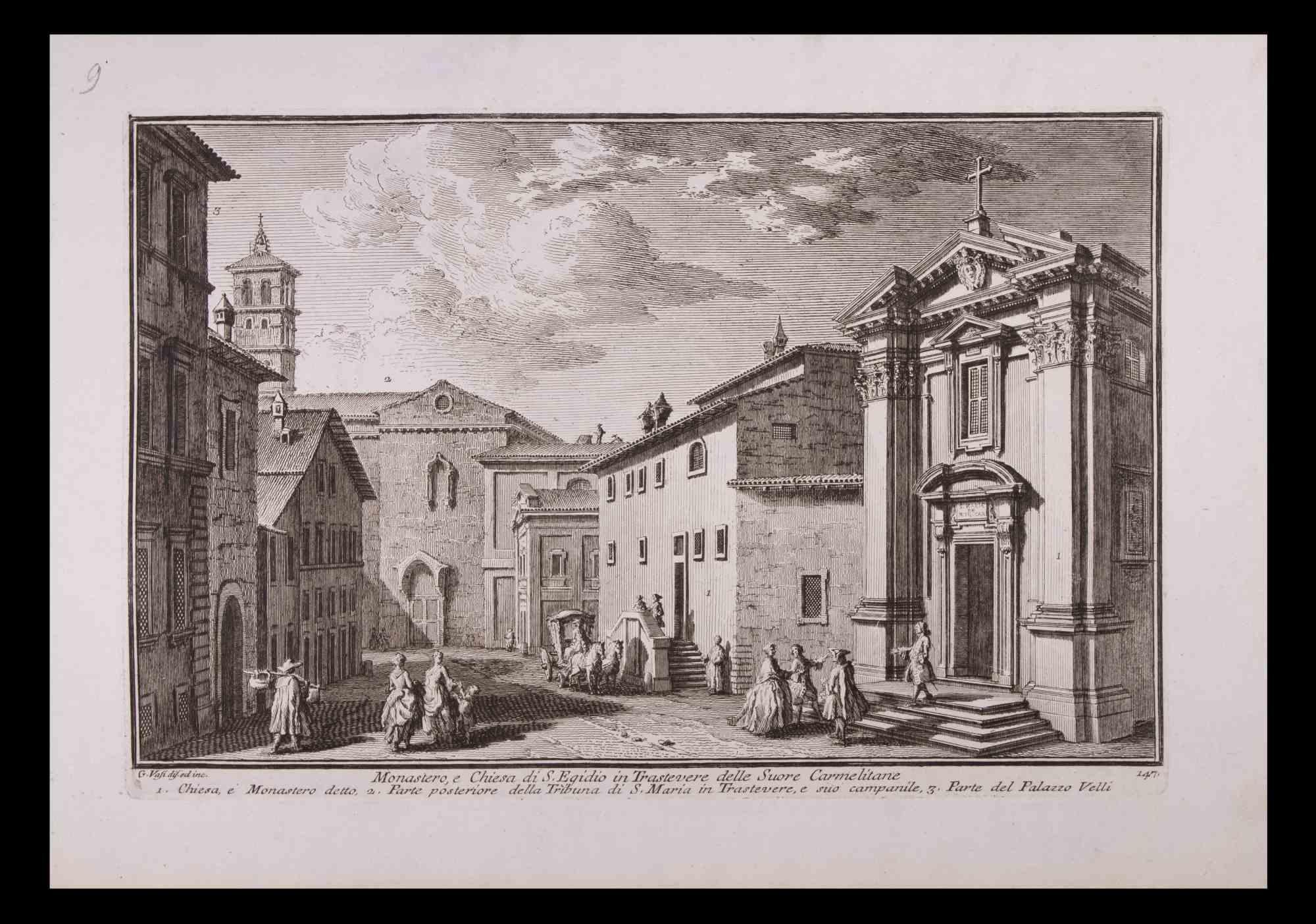 Giuseppe Vasi Landscape Print - Monastero e Chiesa  di S. Egidio  - Etching by G. Vasi - Late 18th Century
