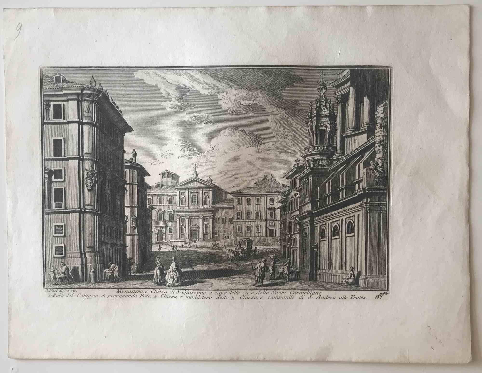 Giuseppe Vasi Landscape Print - Monastero e Chiesa di S.Giuseppe - Etching by G. Vasi - 18th century