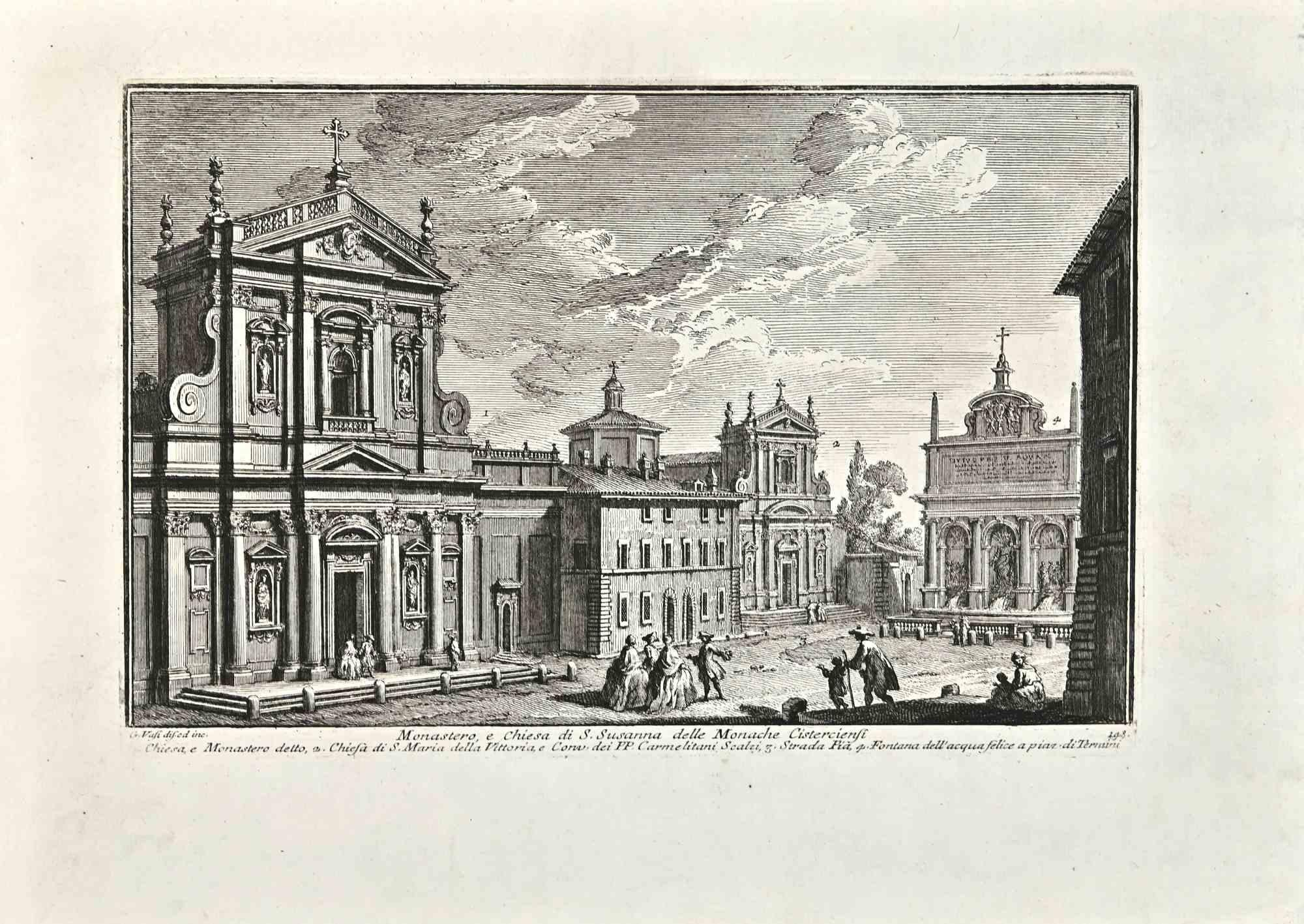 Giuseppe Vasi Landscape Print – Monastero e Chiesa di S.Susanna delle Monache Cisterciensi - Ende 18. Jahrhundert