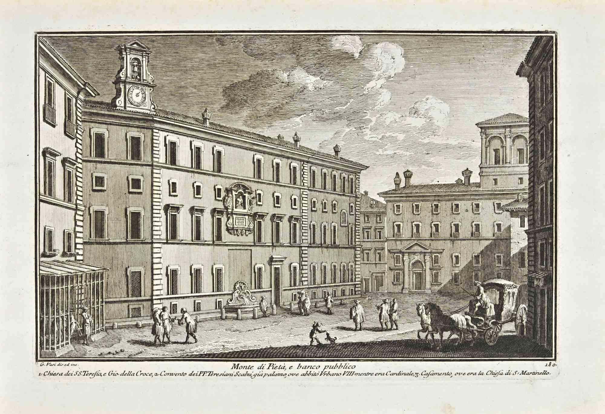 Monte di Pieta e banco Pubblico ist eine Originalradierung aus dem späten 18. Jahrhundert von Giuseppe Vasi.

Signiert und betitelt am unteren Rand der Platte. 

Gute Bedingungen.

Giuseppe Vasi  (Corleone, 1710 - Rom, 1782) war ein Graveur,
