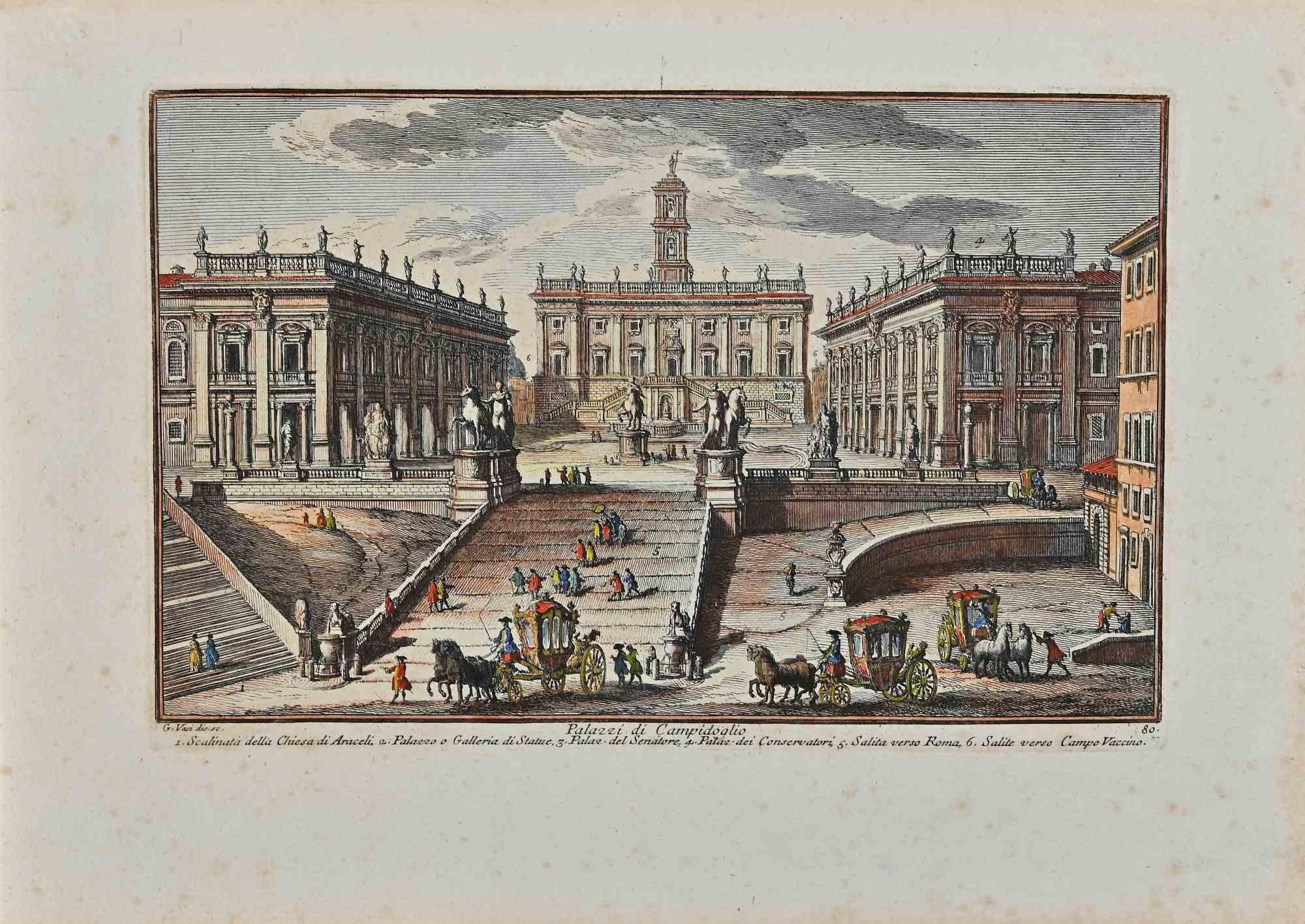 Palazzi di Campidoglio is an original etching of the Late 18th century realized by Giuseppe Vasi.

Signed and titled on plate lower margin. 

Good conditions and aged margins with some foxings.

Giuseppe Vasi  (Corleone,1710 - Rome, 1782) was an