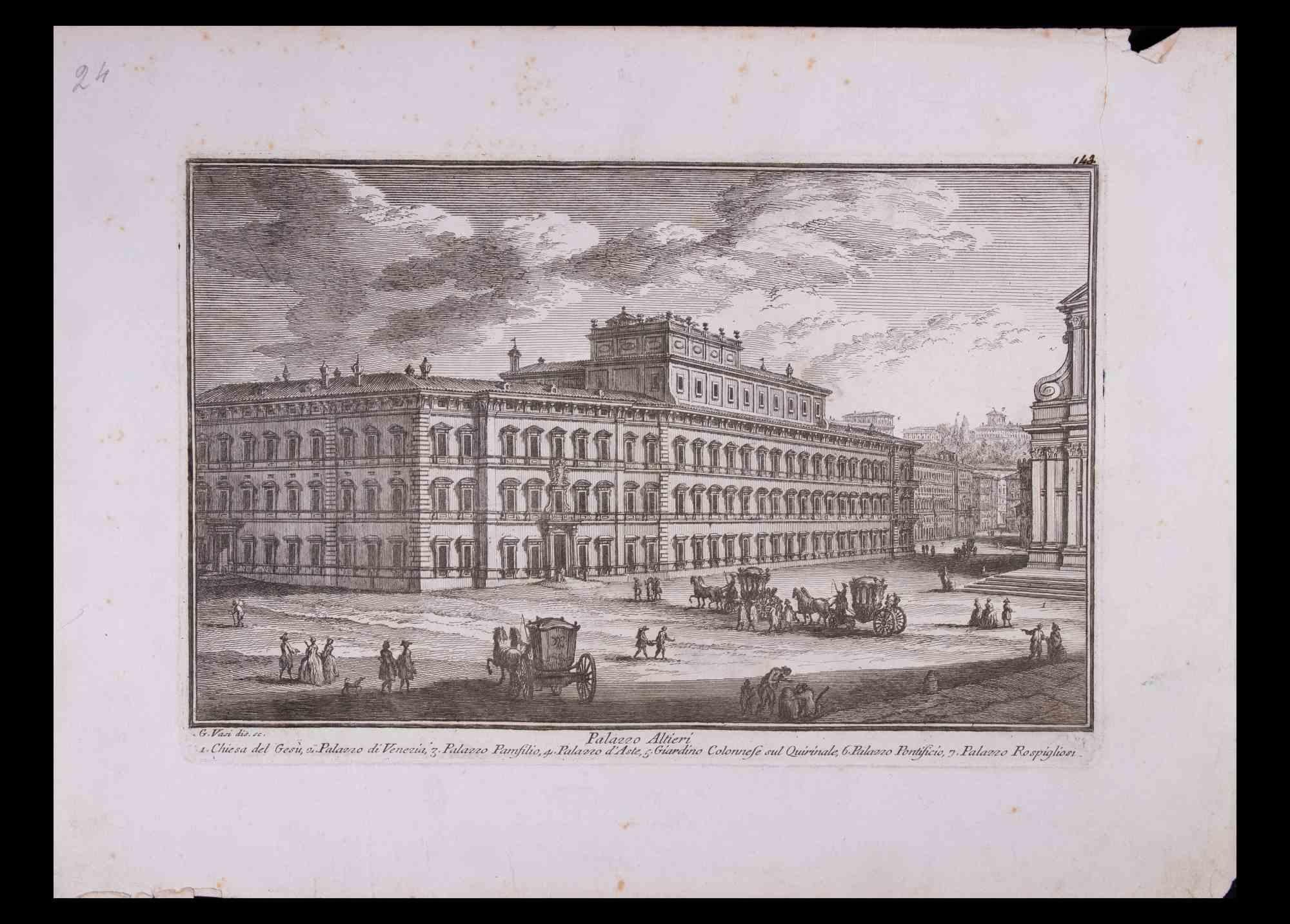 Palazzo Altieri ist eine Original-Schwarz-Weiß-Radierung aus dem späten 18. Jahrhundert von Giuseppe Vasi.

Signiert und betitelt am unteren Rand der Platte. 

Ziemlich guter Zustand und gealterte Ränder mit einigen Rissen und