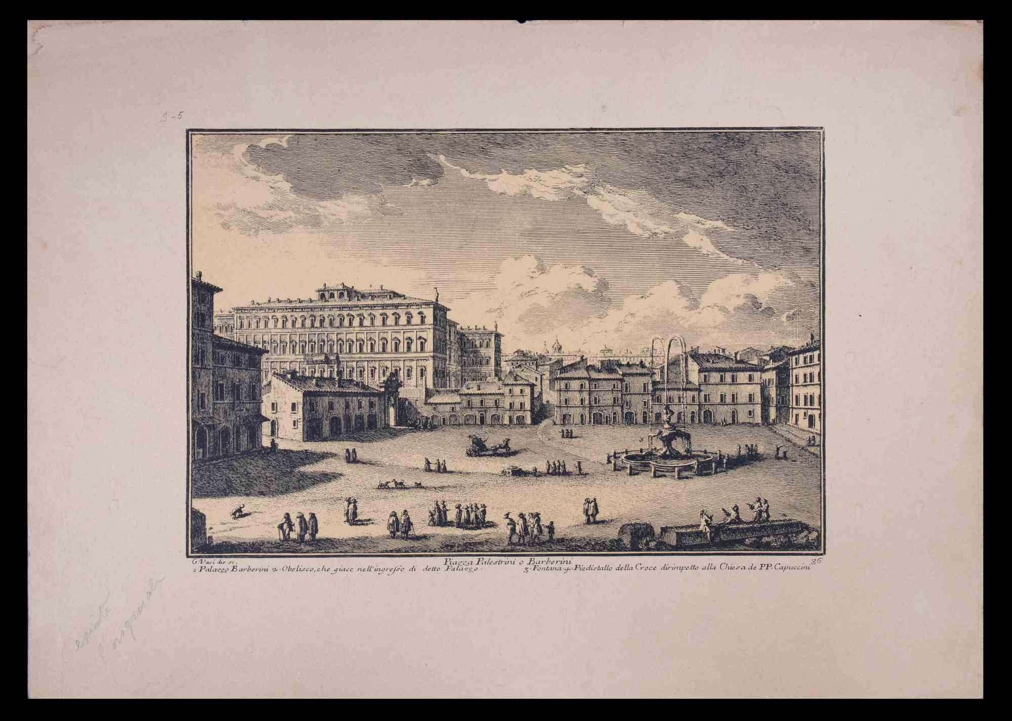 Palazzo Barberini ist eine Original-Schwarz-Weiß-Radierung aus dem späten 18. Jahrhundert von Giuseppe Vasi.

Die schöne Radierung zeigt einen Blick auf Rom.

Signiert und betitelt am unteren Rand der Platte. Auf der unteren Seite betitelt.

Guter