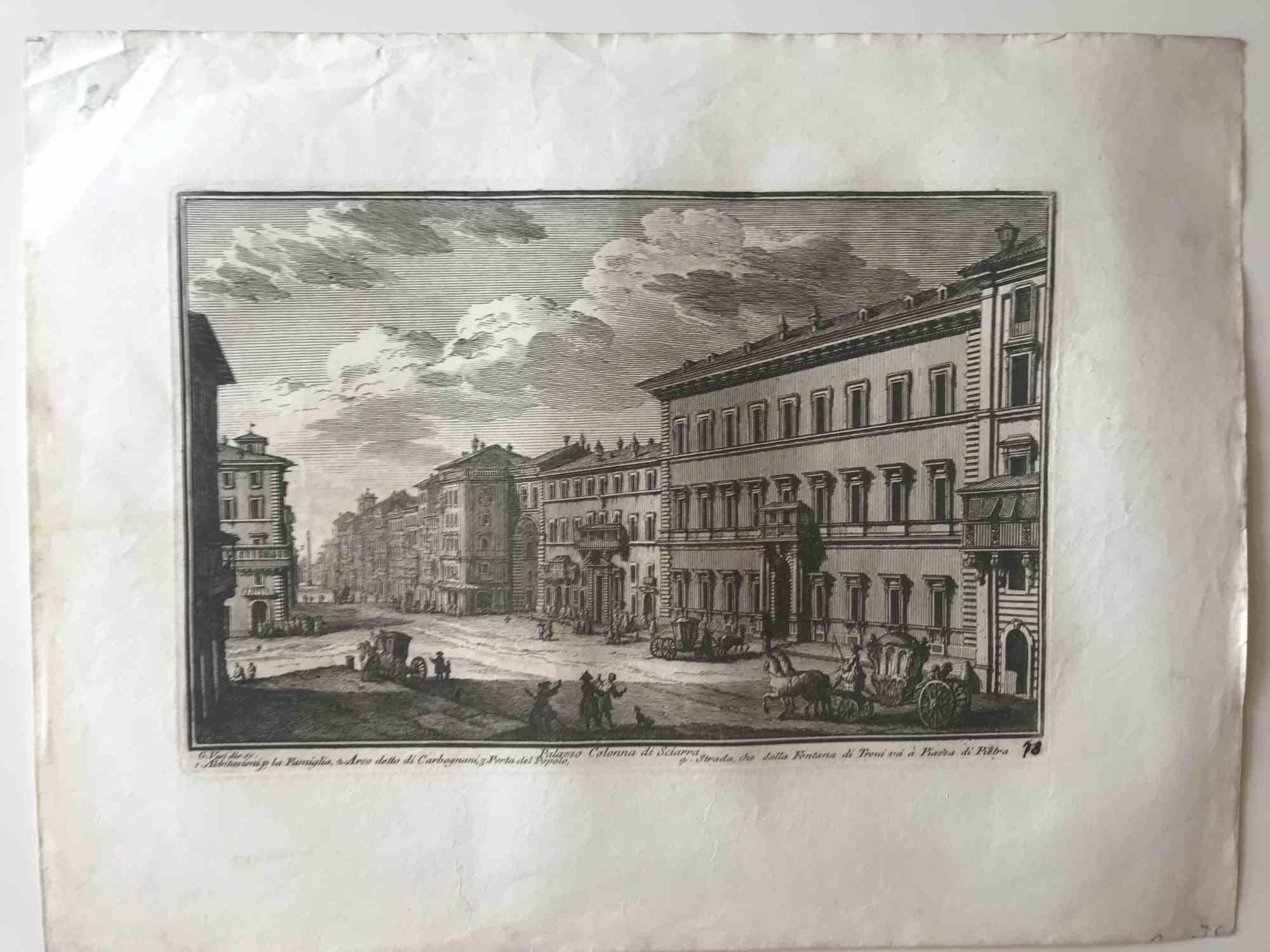 Figurative Print Giuseppe Vasi - Gravure du Palazzo Colonna di Sciarra par G. Vasi, fin du XVIIIe siècle