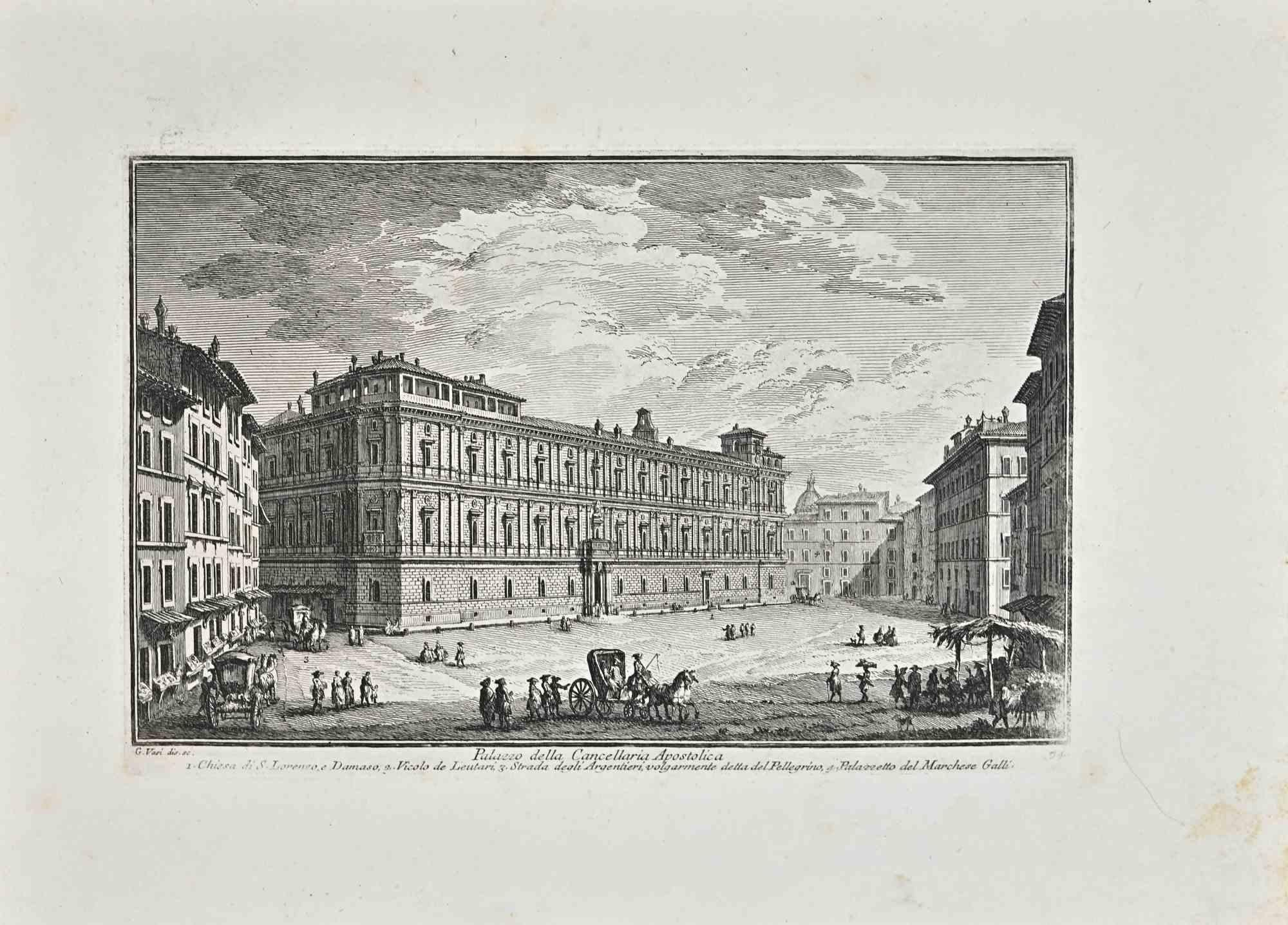 Palazzo della Cancelleria Apostolica is an original etching of the Late 18th century realized by Giuseppe Vasi.

Signed and titled on plate lower margin. 

Good conditions.

Giuseppe Vasi  (Corleone,1710 - Rome, 1782) was an engraver, architect, and