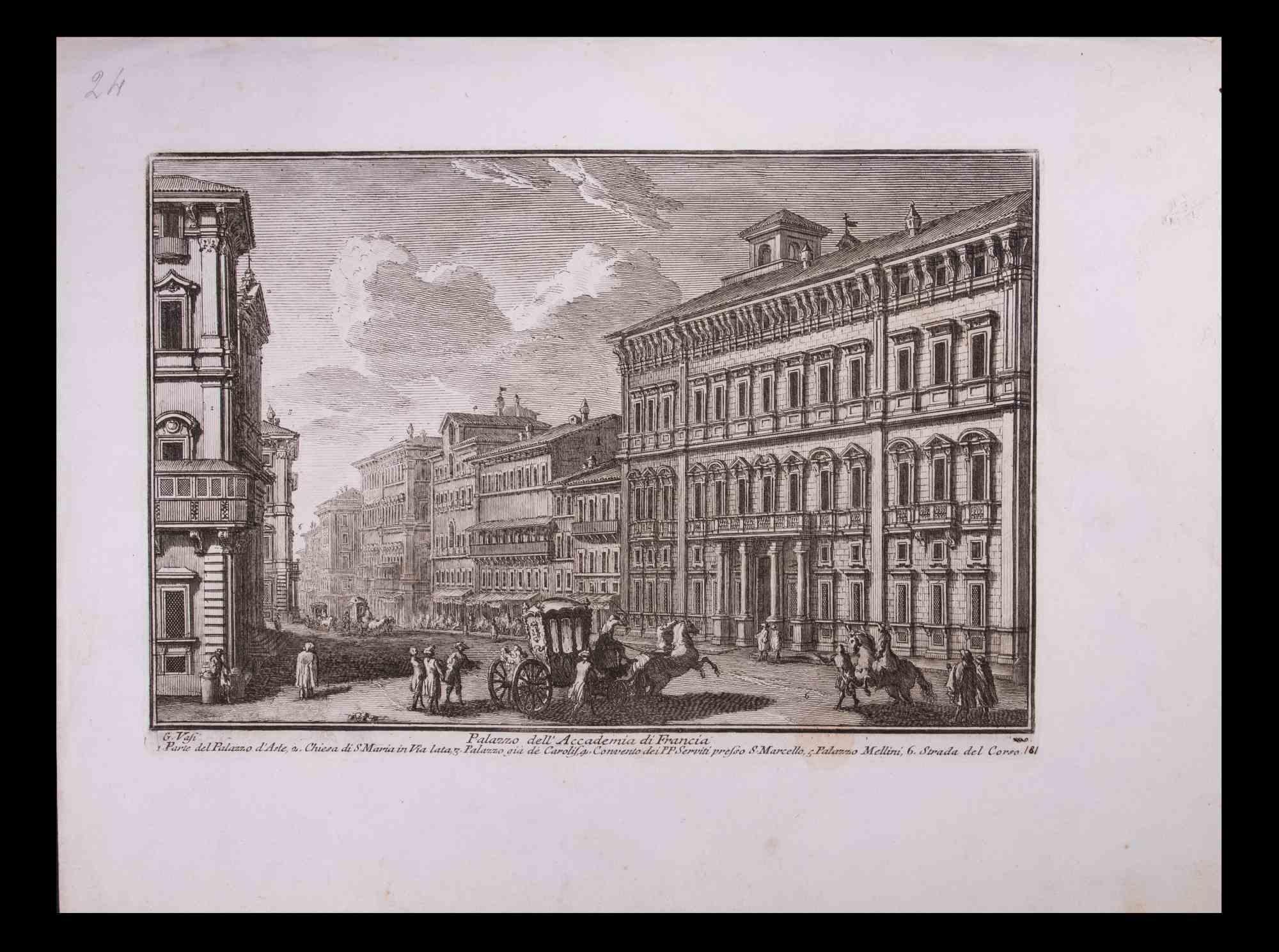 Giuseppe Vasi Figurative Print – Palazzo dell'Accademia di Francia – Radierung von G. Vasi – Gordon Lester, Gordon Lester, spätes 18. Jahrhundert