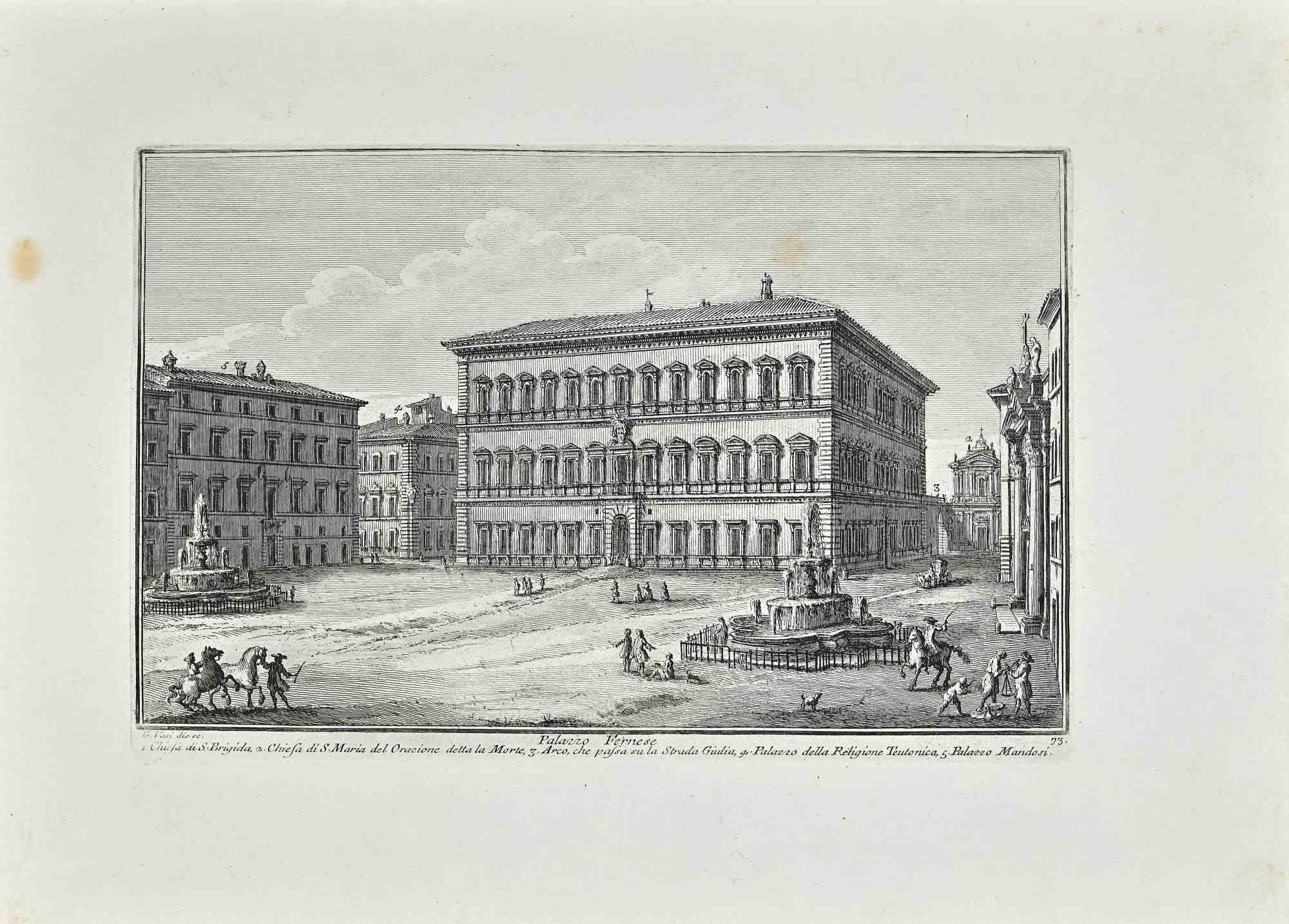 Palazzo Farnese ist eine Originalradierung aus dem späten 18. Jahrhundert von Giuseppe Vasi.

Signiert und betitelt am unteren Rand der Platte. 

Guter Zustand mit Ausnahme von Stockflecken, die das Kunstwerk nicht beeinträchtigen.

Giuseppe Vasi 