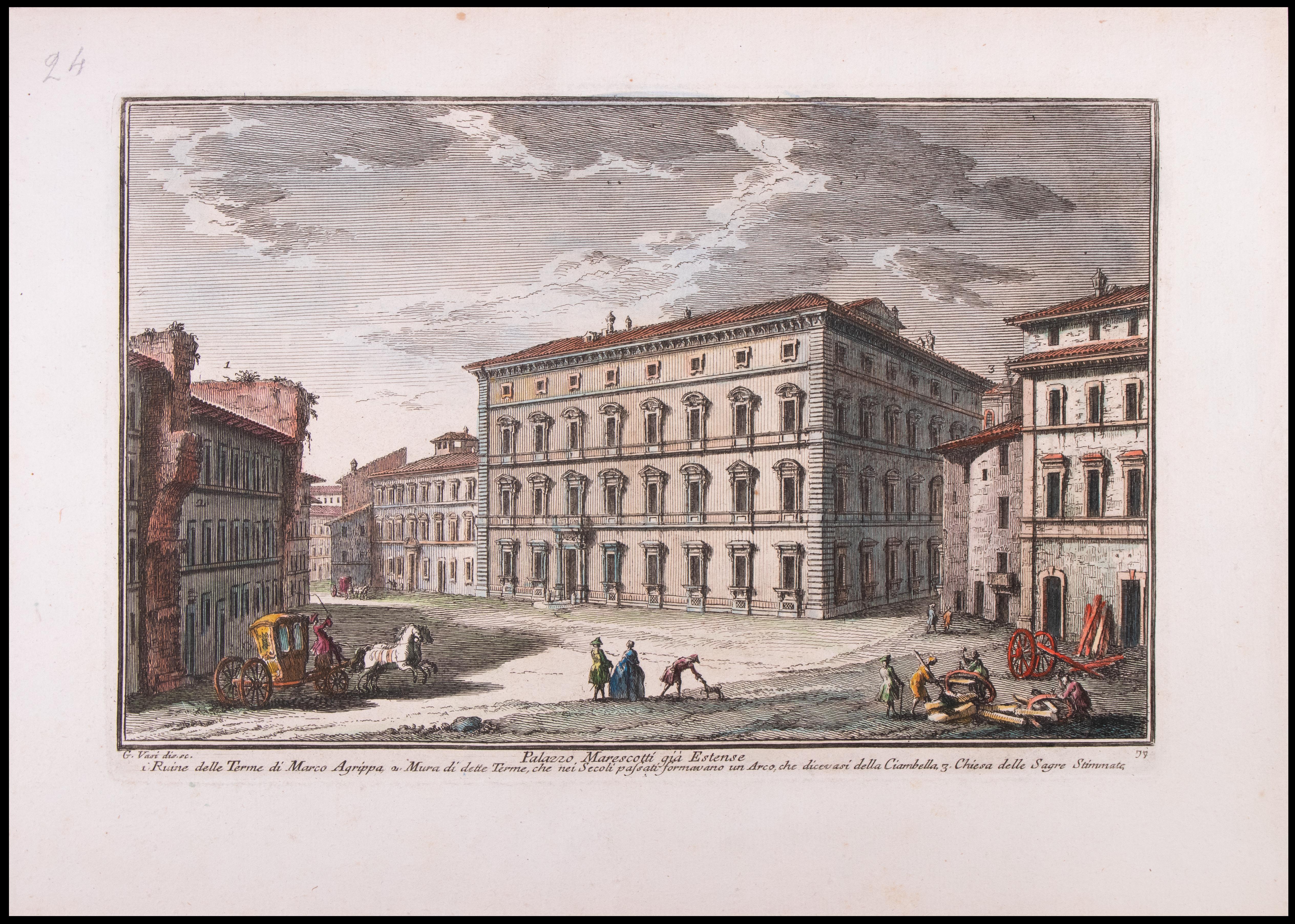 Palazzo Marescotti gia Estense ist eine Originalradierung aus dem späten 18. Jahrhundert von Giuseppe Vasi.

Signiert und betitelt am unteren Rand der Platte. 

Gute Bedingungen bis auf die verbrauchten Ränder.

Giuseppe Vasi  (Corleone, 1710 - Rom,