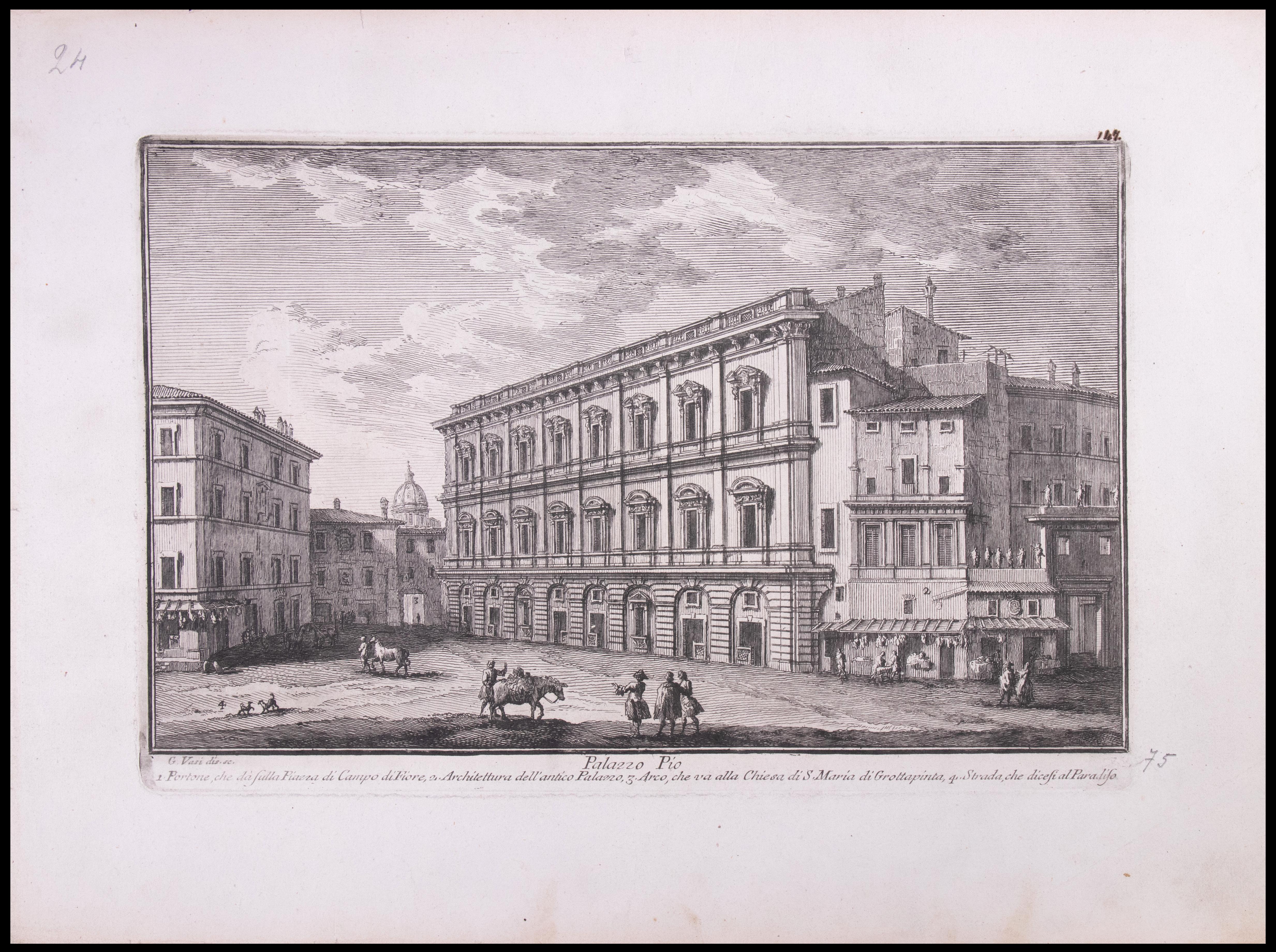 Palazzo Pio is an etching of the Late 18th century realized by Giuseppe Vasi.

Signed and titled on plate lower margin. 

Good conditions except for consumed margins with some foxings.

Giuseppe Vasi  (Corleone,1710 - Rome, 1782) was an engraver,