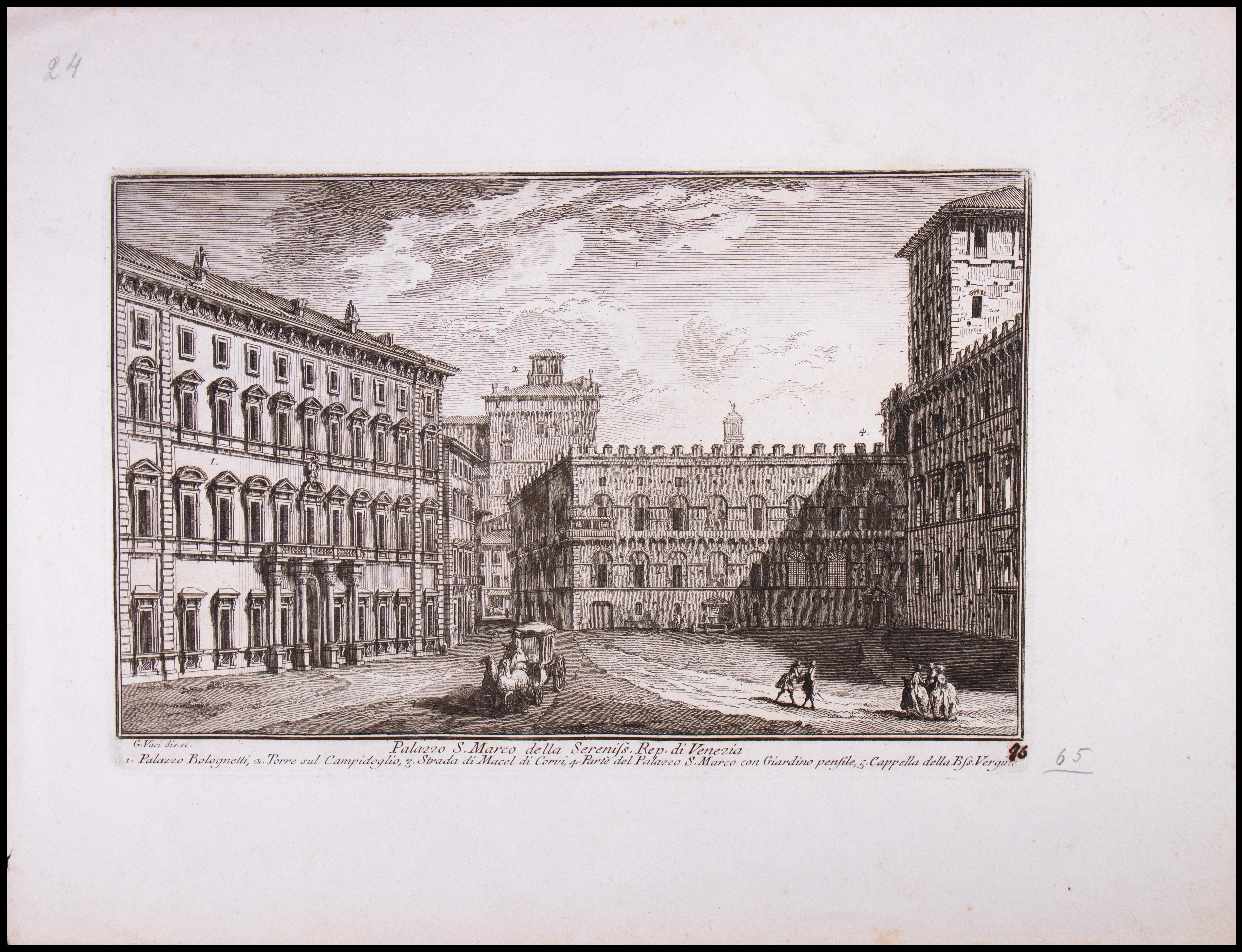 Palazzo S.Marco della Sereniss. Rep. di Venezia is an etching of the Late 18th century realized by Giuseppe Vasi.

Signed and titled on plate lower margin. 

Good conditions except for consumed margins with some foxings.

Giuseppe Vasi 