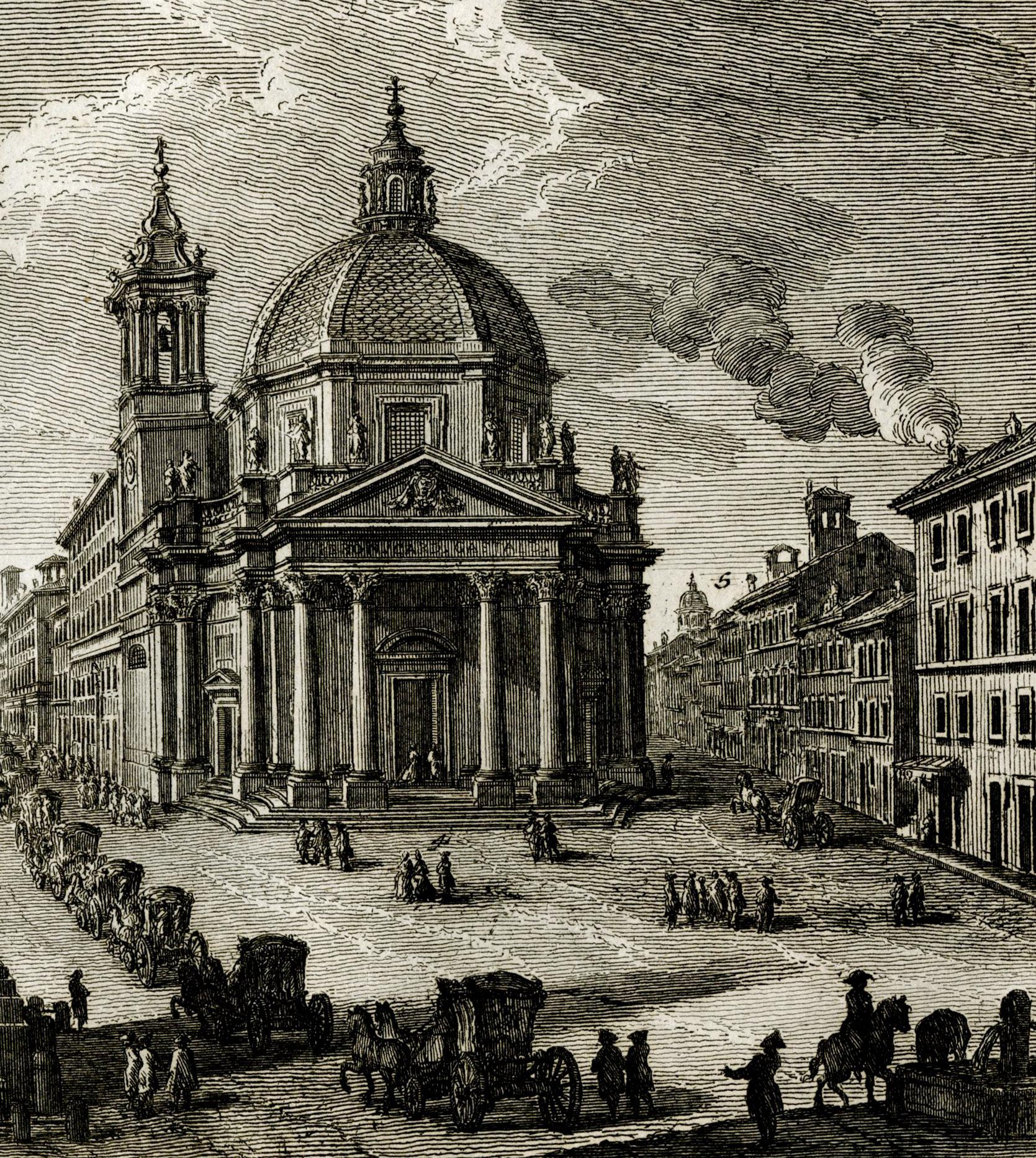 Piazza del Popolo con Obelisco Egizio
Acquaforte, 1752
Firmato sulla lastra in basso a sinistra (vedi foto).
Da: Della Magnificenze di Roma Antica e Moderna , (1747-1761) 
Volume II, Piazze e Obelischi principali, colonne e altri ornamenti, 1752,