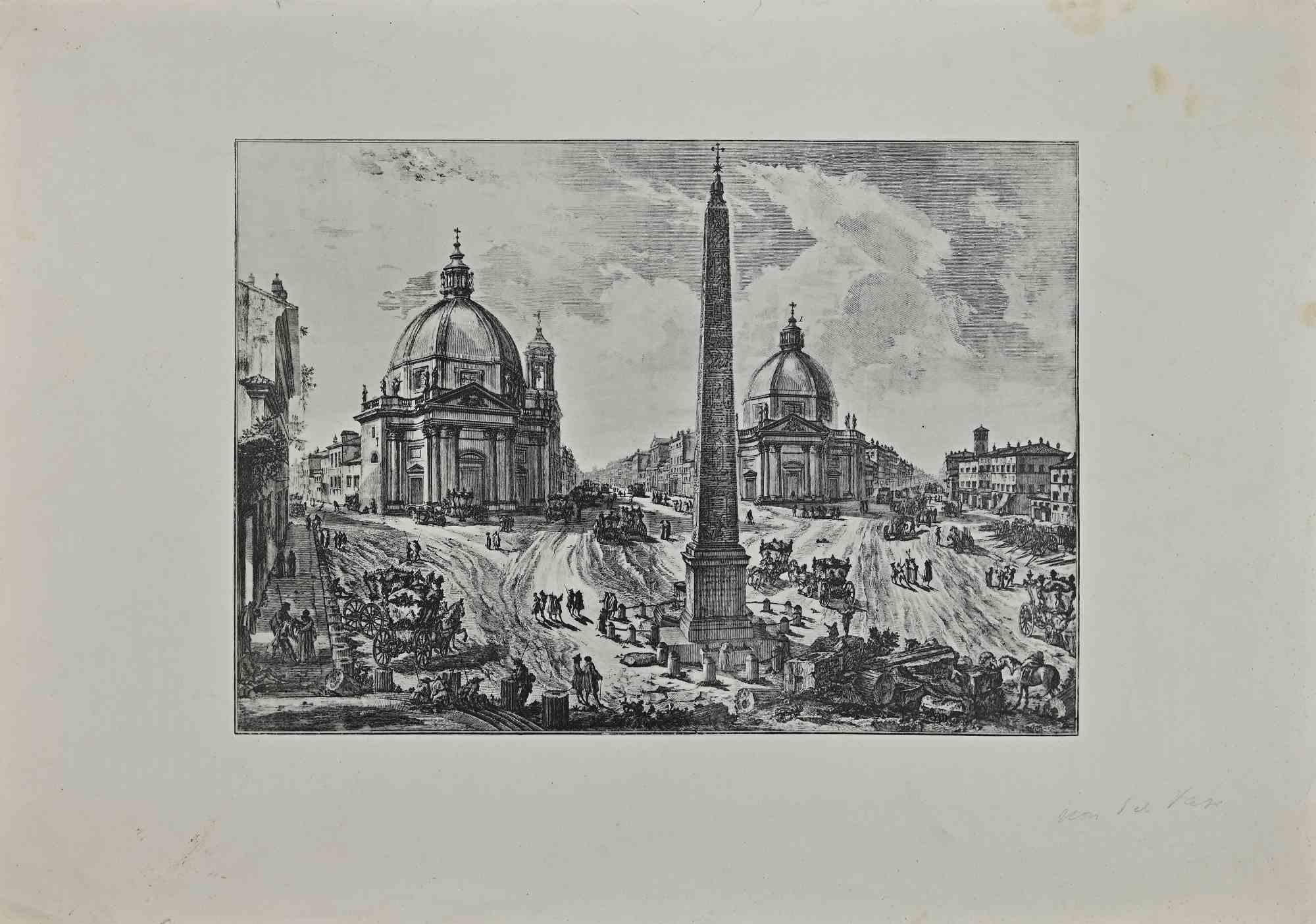 Piazza del Popolo ist ein Vintage-Offsetdruck nach Giuseppe Vasi aus dem frühen 20.

Guter Zustand und gealterte Ränder mit einigen Stockflecken.

Giuseppe Vasi  (Corleone, 1710 - Rom, 1782) war ein Graveur, Architekt und Landschaftsmaler. Zwischen