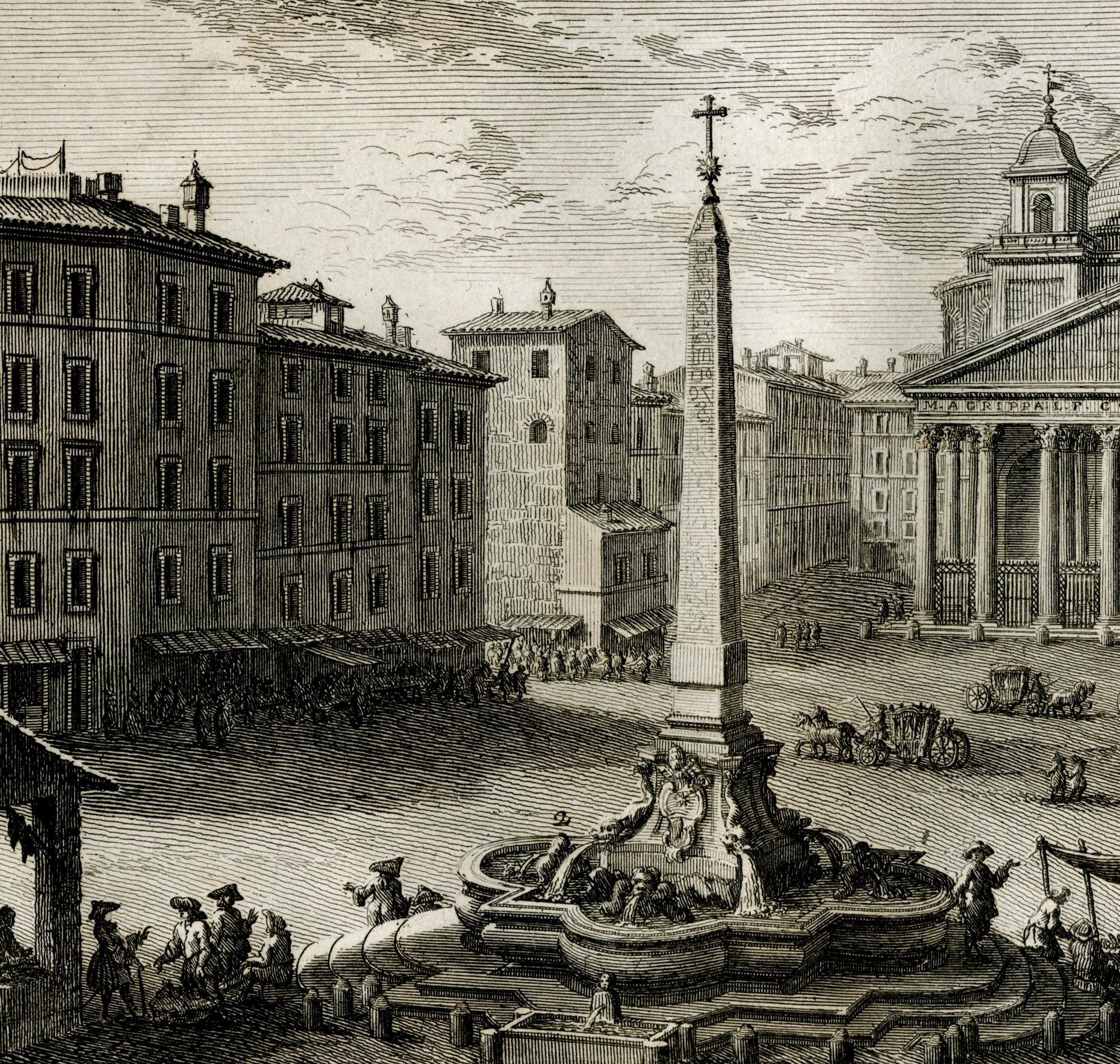Plaza de la Rotonda (El Panteón en el fondo del centro))
Aguafuerte, 1752
Firmado en la placa inferior derecha (ver foto)
De: Della Magnificenze di Roma Antica e Moderna ( La Magnificencia de Roma Antigua y Moderna) , (1747-1761) 
Tomo II, Las