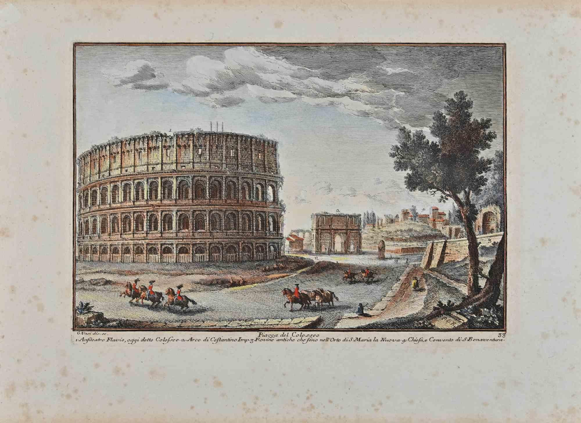 Piazza di Colosseo is an original etching of the Late 18th century realized by Giuseppe Vasi.

Signed and titled on plate lower margin. 

Good conditions and aged margins with some foxings.

Giuseppe Vasi  (Corleone,1710 - Rome, 1782) was an