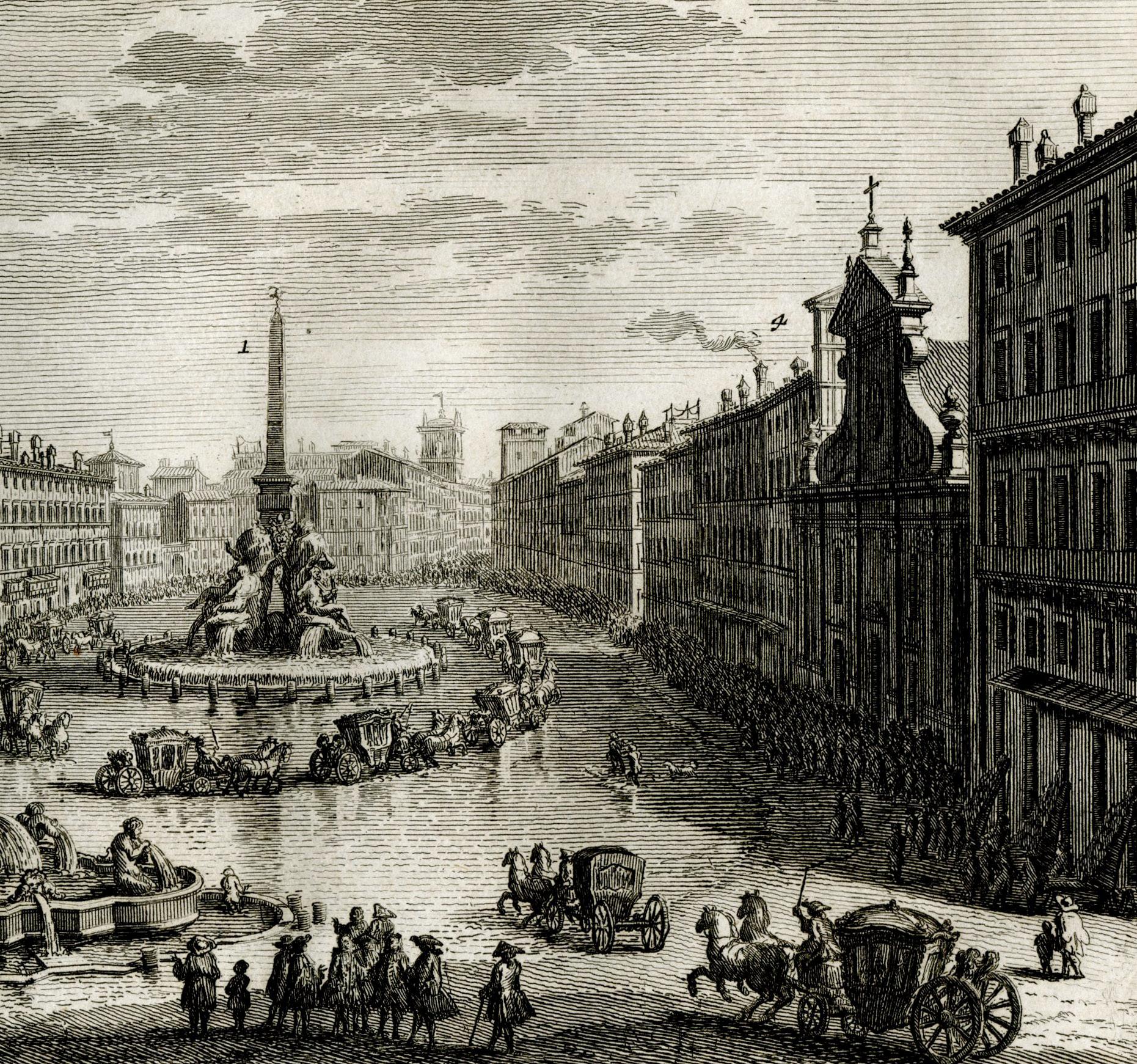 Piazza Navona allagata solito farsi nelle Feste di Agosto - Landscape Print Gris de Giuseppe Vasi