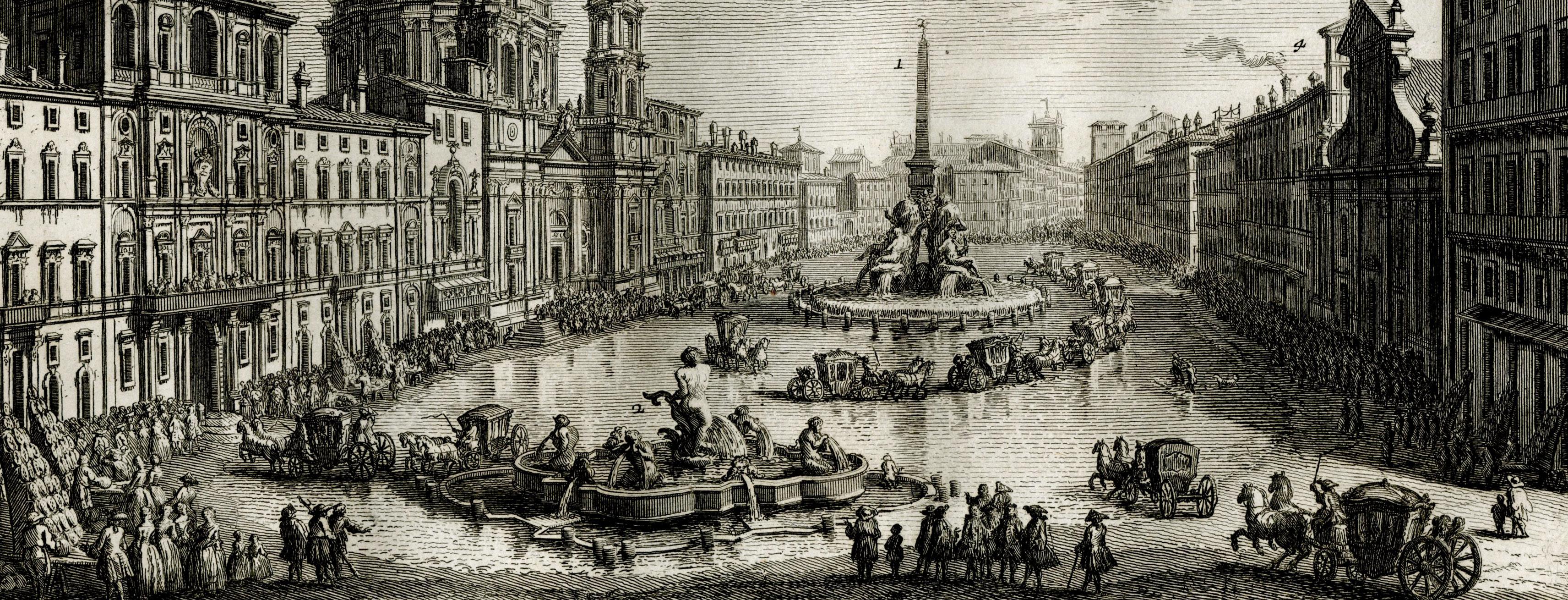 Piazza Navona allagata solito farsi nelle Feste di Agosto
Aguafuerte, 1752
Firmado en la placa inferior derecha (ver foto)
De: Della Magnificenze di Roma Antica e Moderna ( La Magnificencia de Roma Antigua y Moderna) , (1747-1761) 
Tomo II, Las