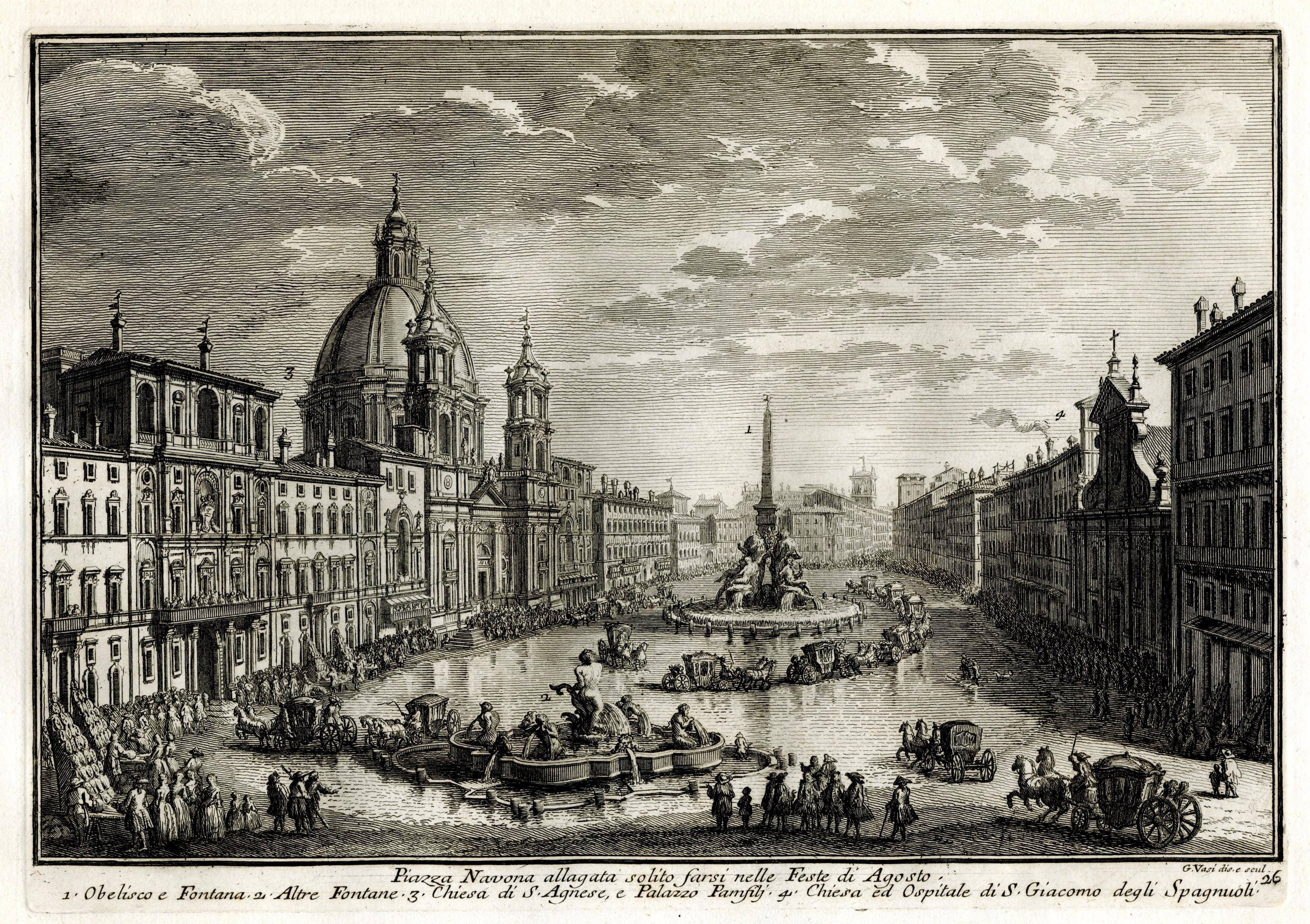Landscape Print de Giuseppe Vasi - Piazza Navona allagata solito farsi nelle Feste di Agosto