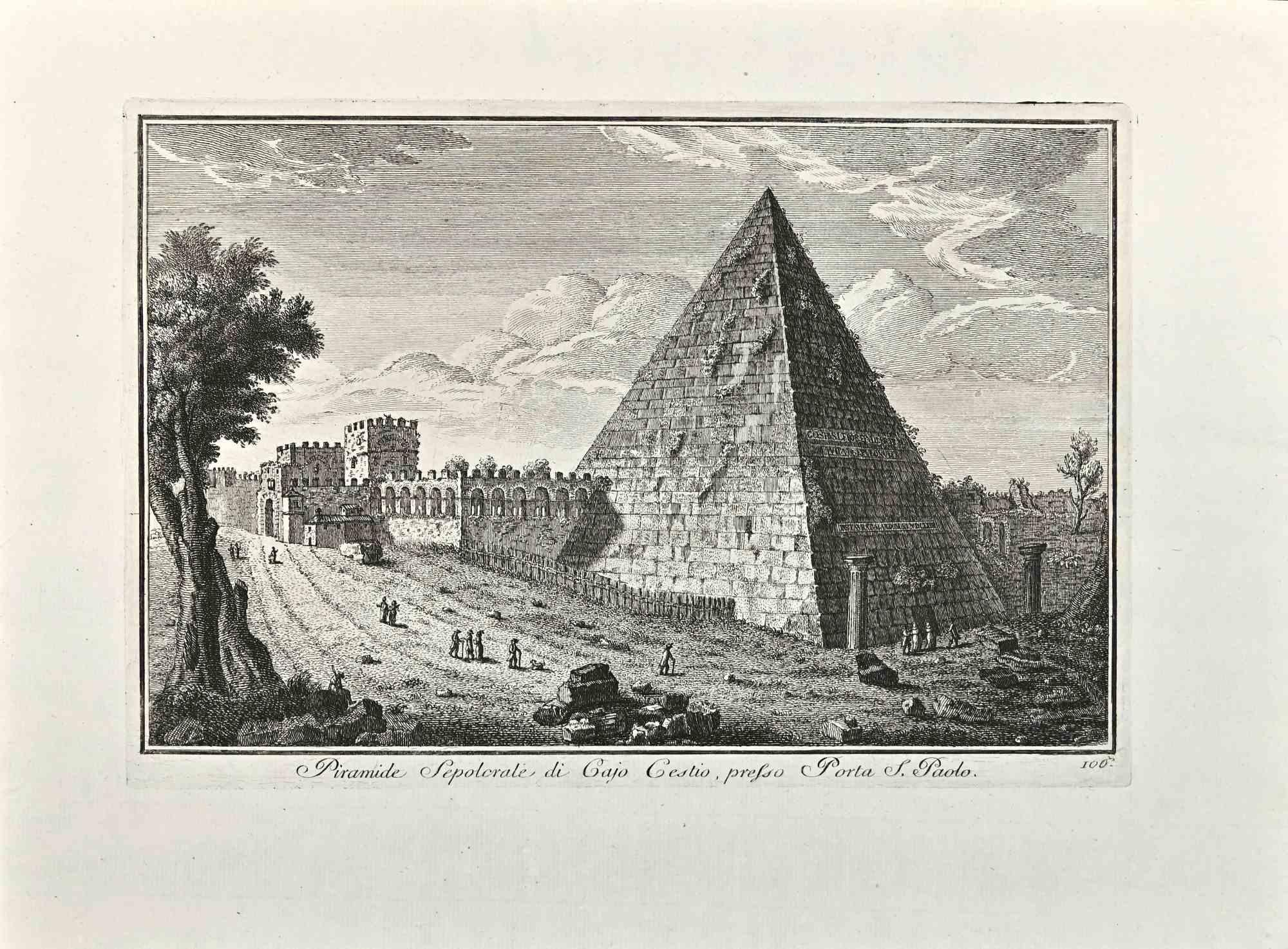 Piramide - Porta S.Paolo is an original etching of the Late 18th century realized by Giuseppe Vasi.

Signed and titled on plate lower margin. 

Good conditions.

Giuseppe Vasi  (Corleone,1710 - Rome, 1782) was an engraver, architect, and landscape