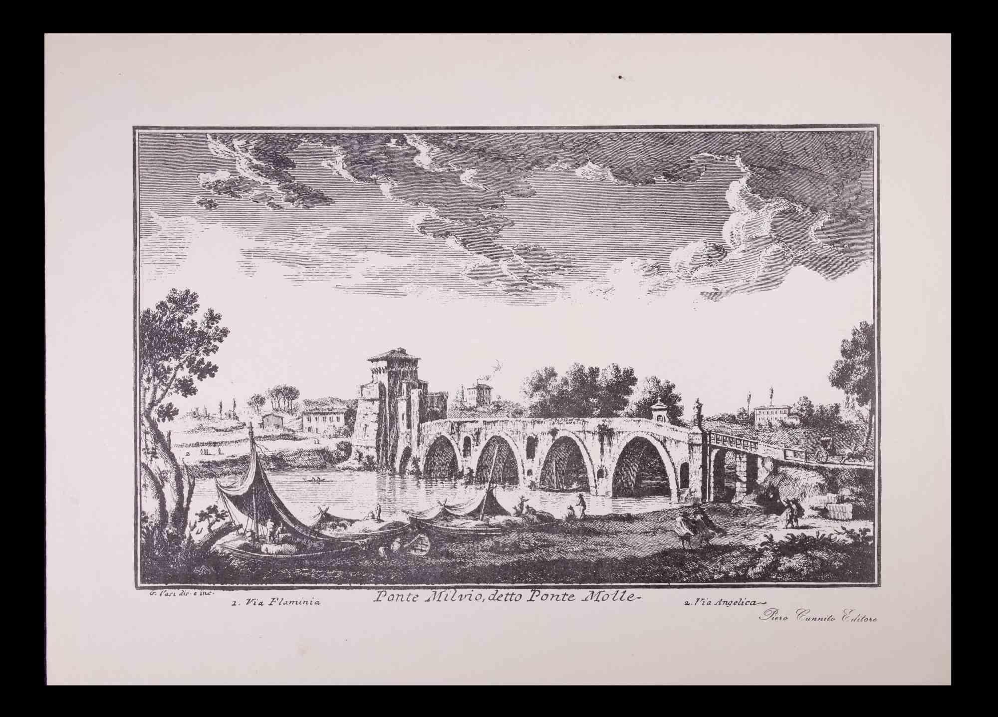 Ponte Milvio is an original black and white etching of the Late 18th century realized by Giuseppe Vasi.

The beautiful etching represents a glimpse of Rome.

Signed and titled on plate lower margin. Titled on the lower.

Good conditions.

Giuseppe