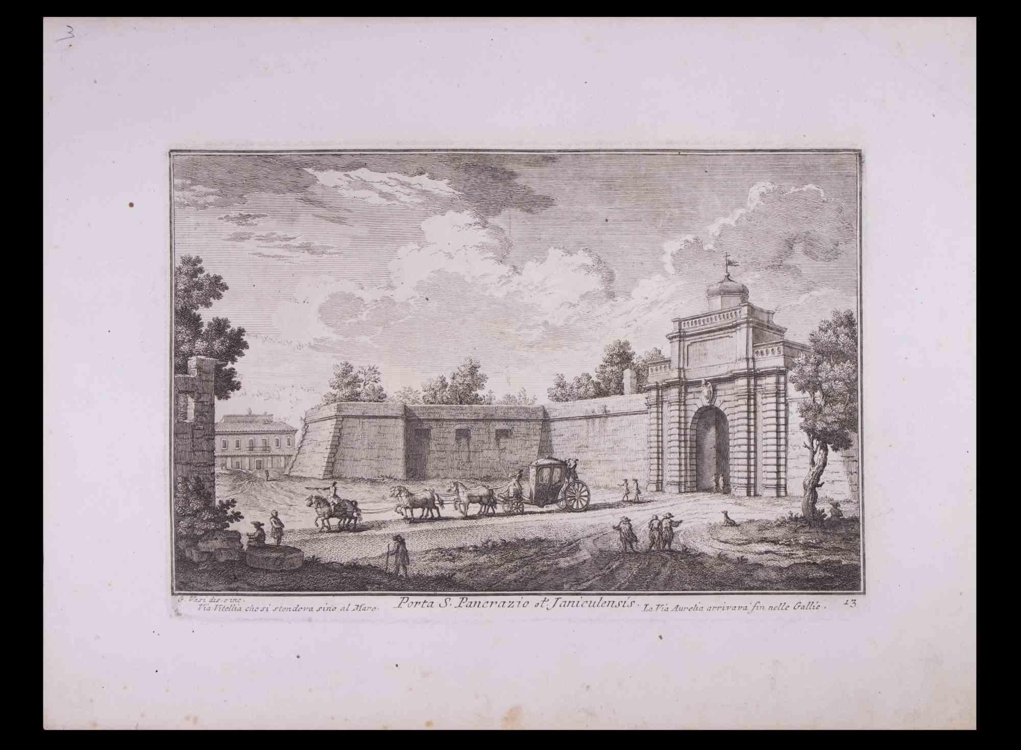 Porta Angelica is an original black and white etching of the Late 18th century realized by Giuseppe Vasi.

Signed and titled on plate lower margin. 

Good conditions and aged margins with some foxing and cutting.

Giuseppe Vasi  (Corleone,1710 -