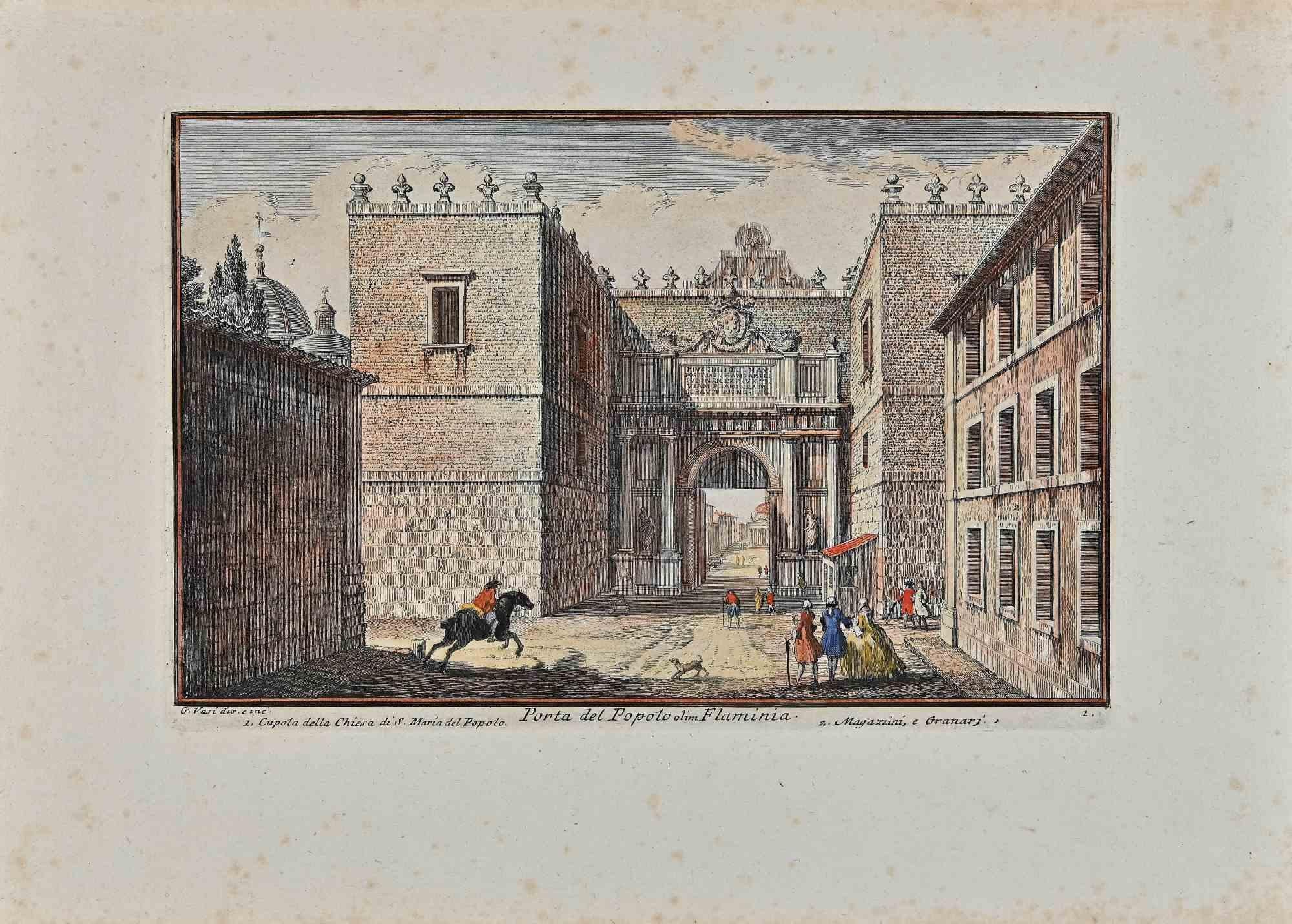 Porta del Popolo ist eine Originalradierung aus dem späten 18. Jahrhundert von Giuseppe Vasi.

Signiert und betitelt am unteren Rand der Platte. 

Guter Zustand und gealterte Ränder mit einigen Stockflecken.

Giuseppe Vasi  (Corleone, 1710 - Rom,