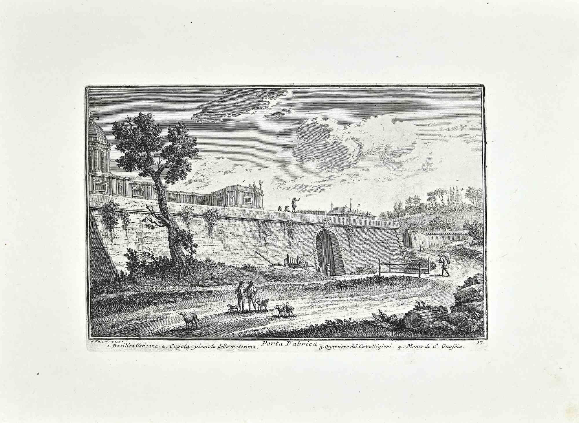 Porta Fabrica is an original etching of the Late 18th century realized by Giuseppe Vasi.

Signed and titled on plate lower margin. 

Good conditions.

Giuseppe Vasi  (Corleone,1710 - Rome, 1782) was an engraver, architect, and landscape artist.