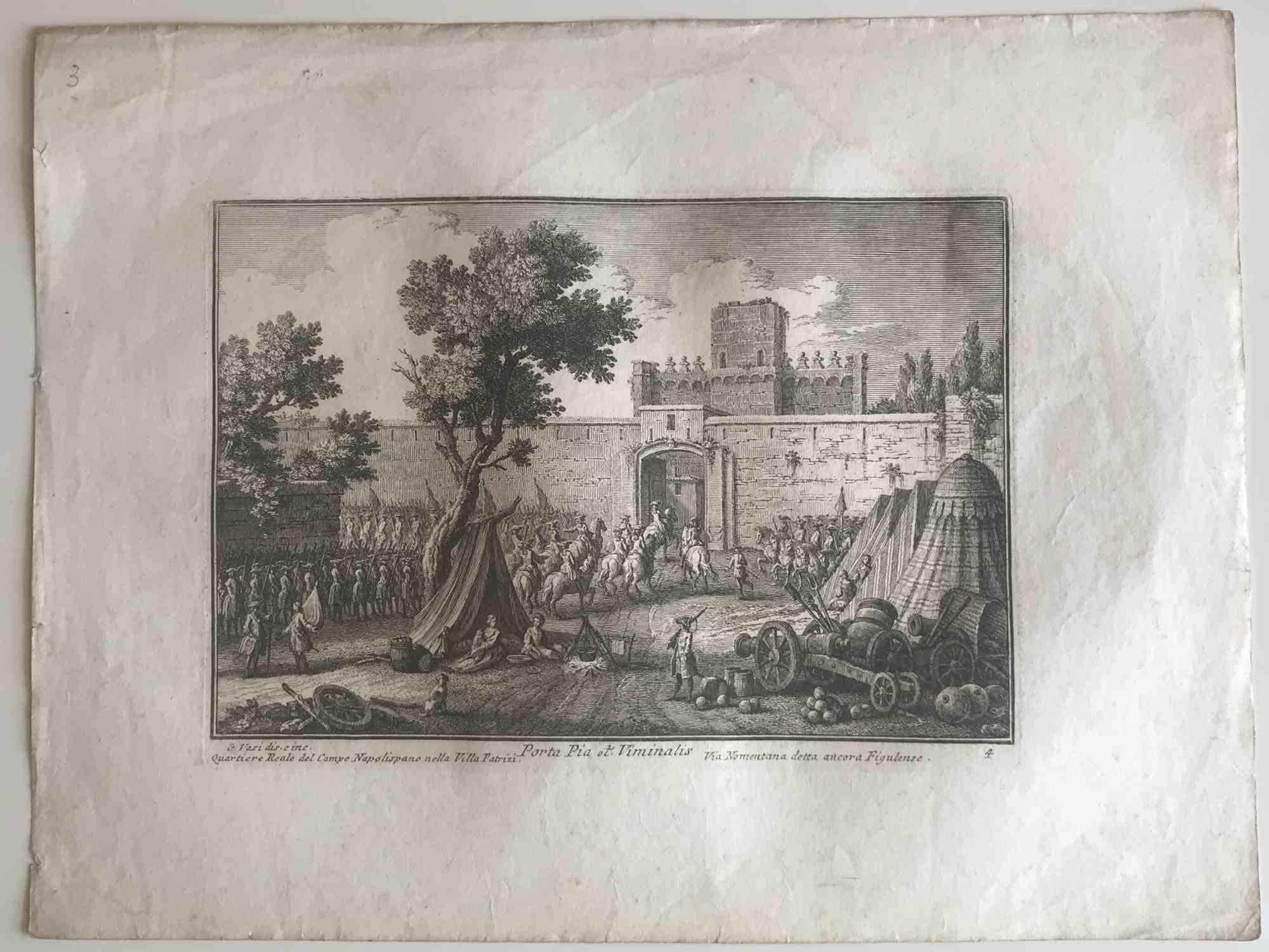 Porta Pia Viminalis is an original etching of the Late 18th century realized by Giuseppe Vasi.

Signed and titled on plate lower margin. 

Good conditions except for consumed margins with some foxings and a trace of humidity.

Giuseppe Vasi 