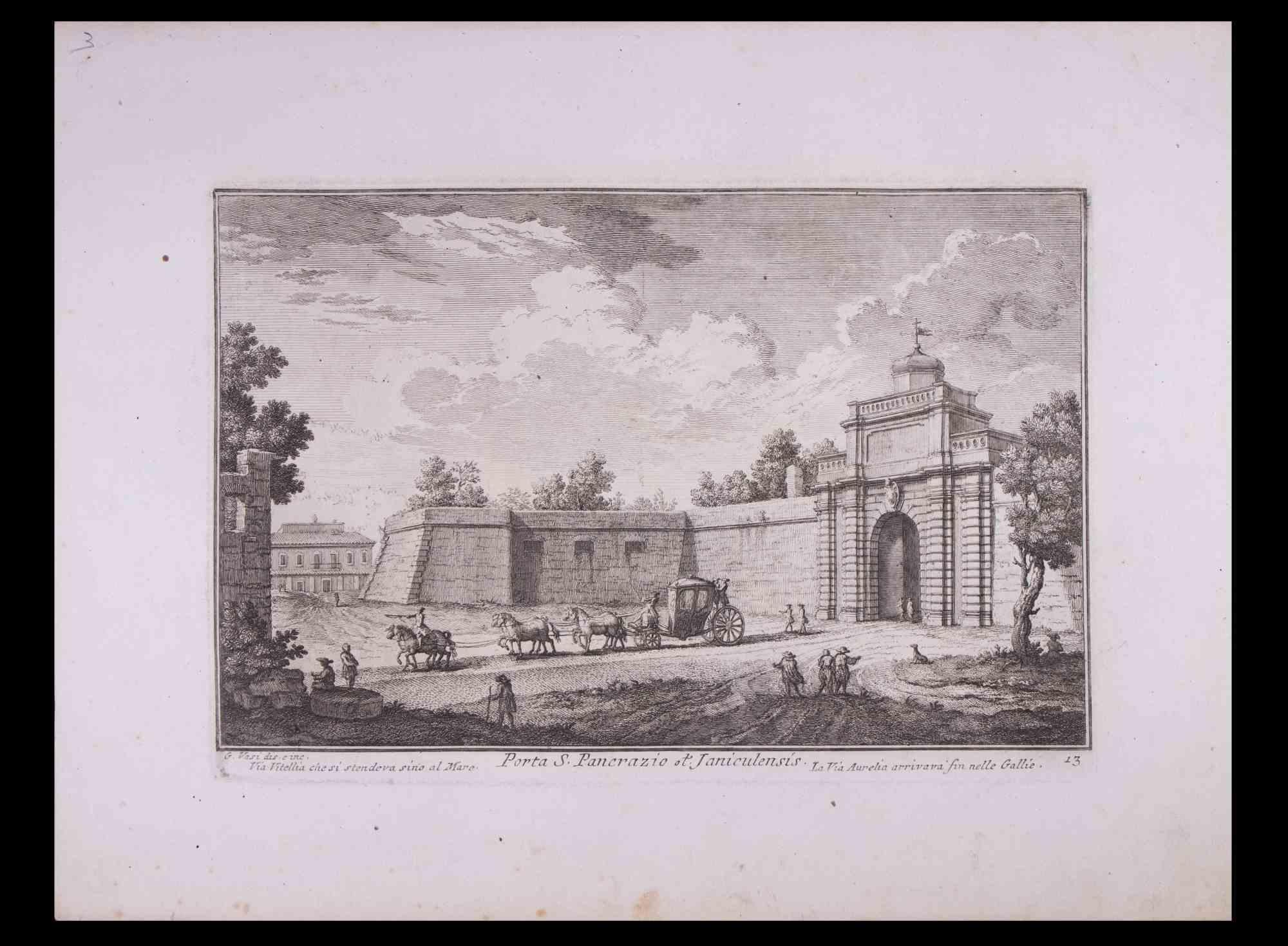Porta S. Pancrazio is an original black and white etching of the Late 18th century realized by Giuseppe Vasi.

Signed and titled on plate lower margin. 

Good conditions and aged margins with some cutting.

Giuseppe Vasi  (Corleone,1710 - Rome,