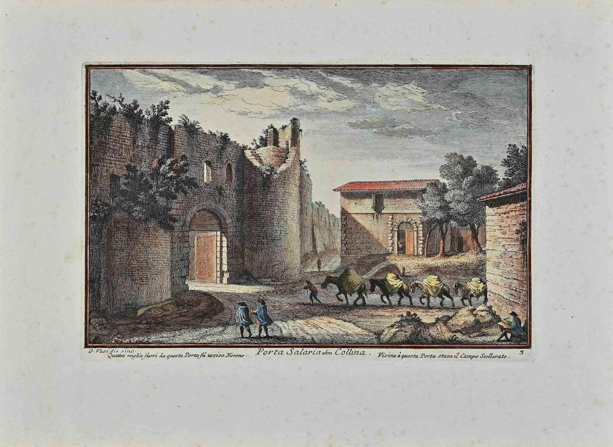 Porta Salaria is an original etching of the Late 18th century realized by Giuseppe Vasi.

Signed and titled on plate lower margin. 

Good conditions and aged margins with some foxings.

Giuseppe Vasi  (Corleone,1710 - Rome, 1782) was an engraver,
