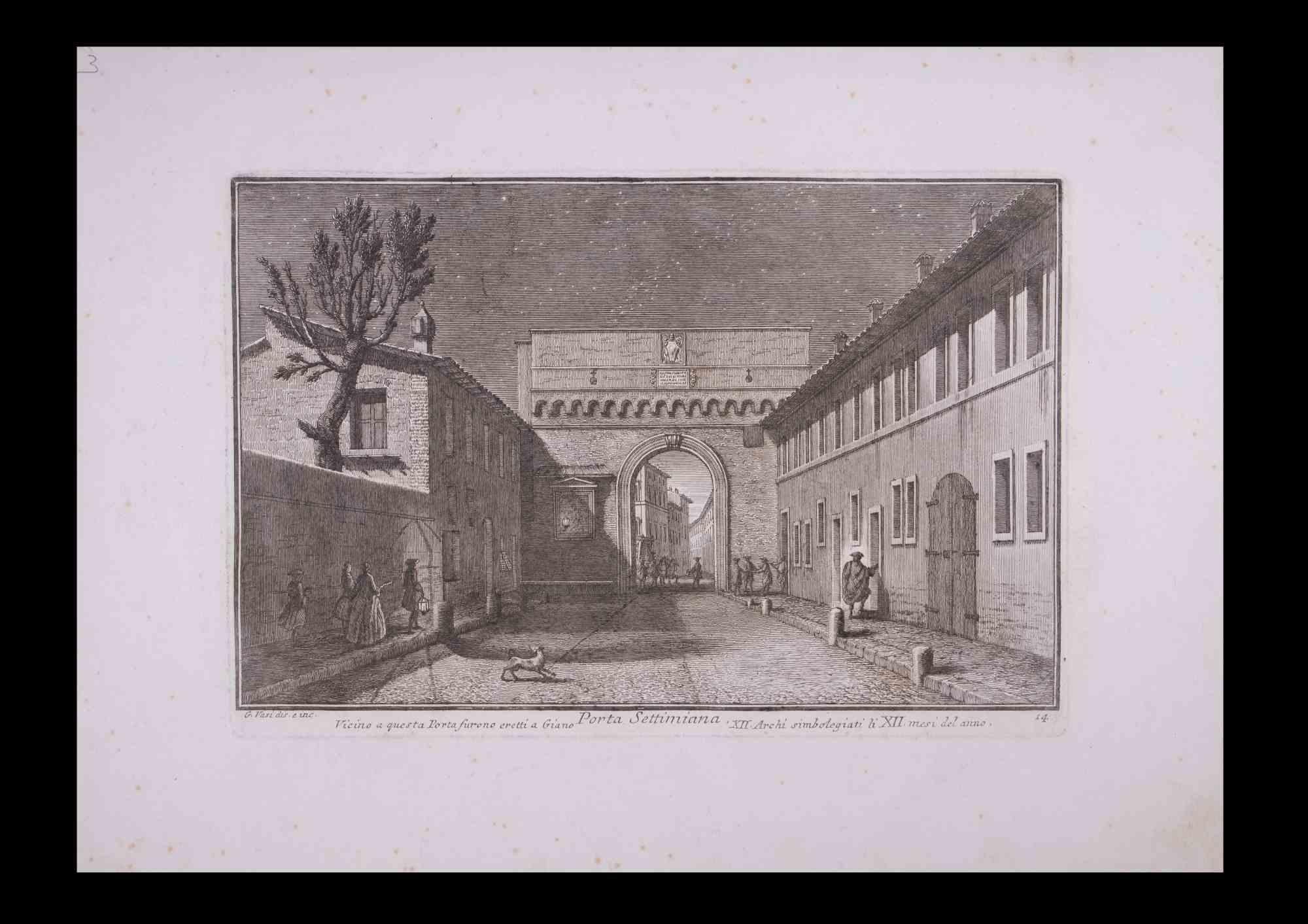 Porta Settimiana is an original black and white etching of the Late 18th century realized by Giuseppe Vasi.

Signed and titled on plate lower margin. 

Good conditions and aged margins and some cutting.

Giuseppe Vasi  (Corleone,1710 - Rome, 1782)