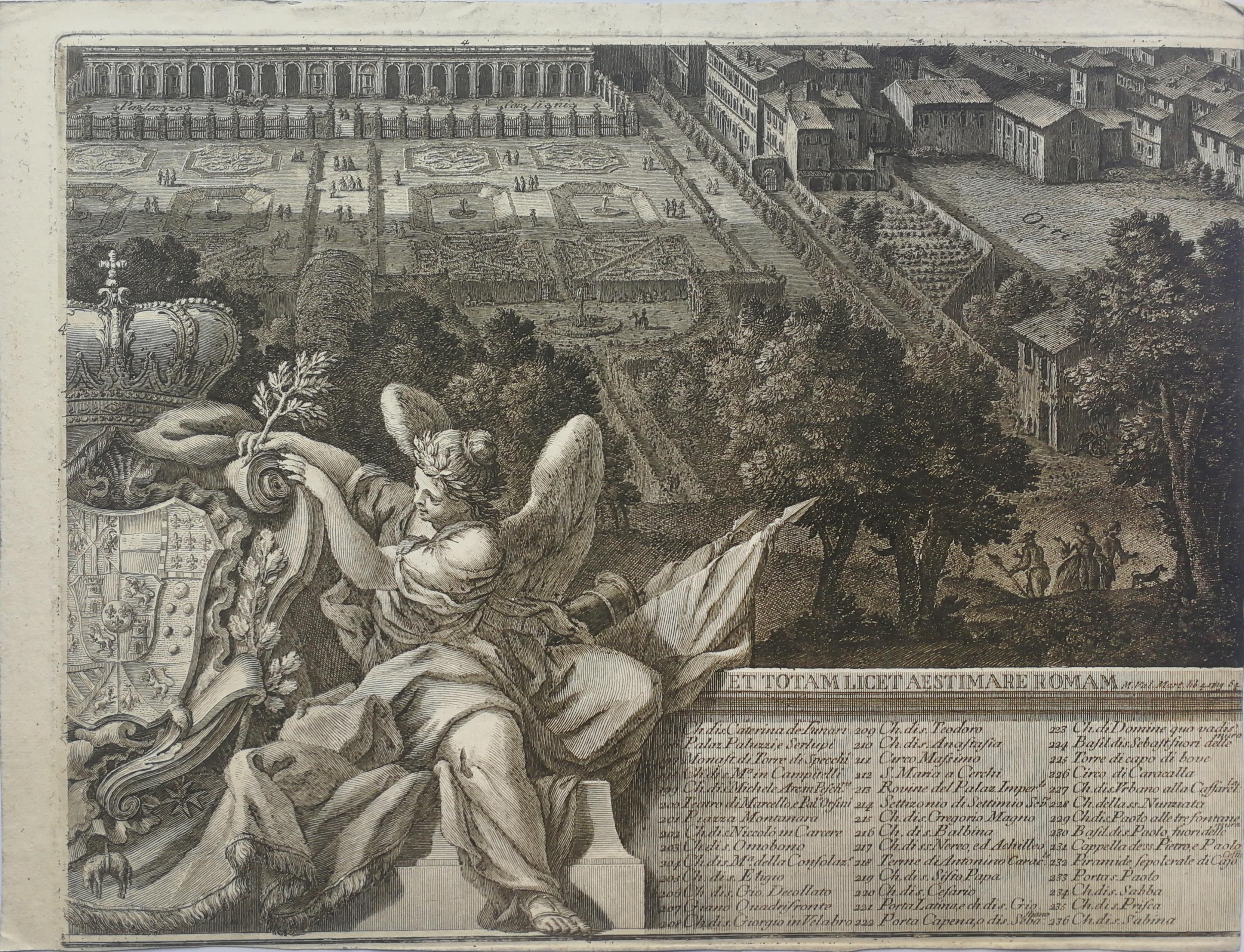 Prospetto Dell'Alma Città Di Roma is an original black and white etching realized by Giuseppe Vasi in 1765.

The artwork consist of a set of twelve etchings depicting bird's-eye view of Rome. Overall dimensions: 120 x 265 cm

On the lower part is