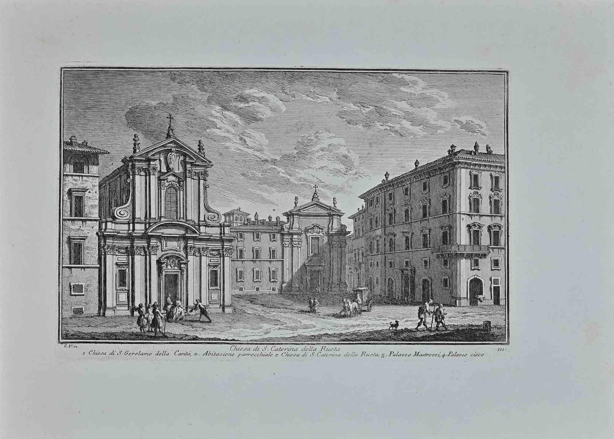 S. Caterina della Ruota Church is an original etching of the Late 18th century realized by Giuseppe Vasi.

Signed and titled on plate lower margin. 

Good conditions.

Giuseppe Vasi  (Corleone,1710 - Rome, 1782) was an engraver, architect, and