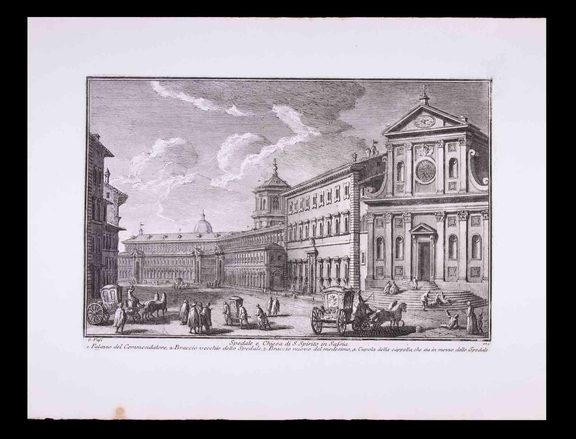 Sedale e Chiesa di S. Spirito -  Etching by Giuseppe Vasi - Late 18th Century